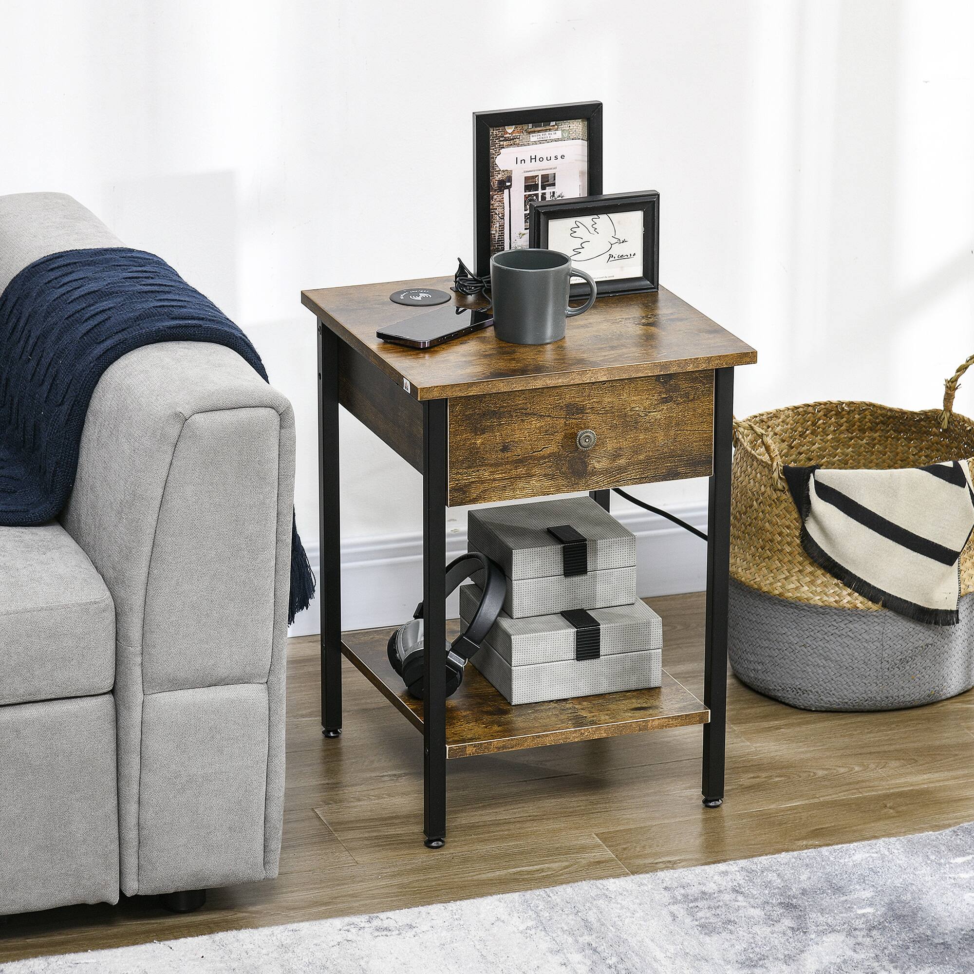 Angle. Homcom - End Table with Wireless Charging, 2-Tier Storage - Rustic Brown.