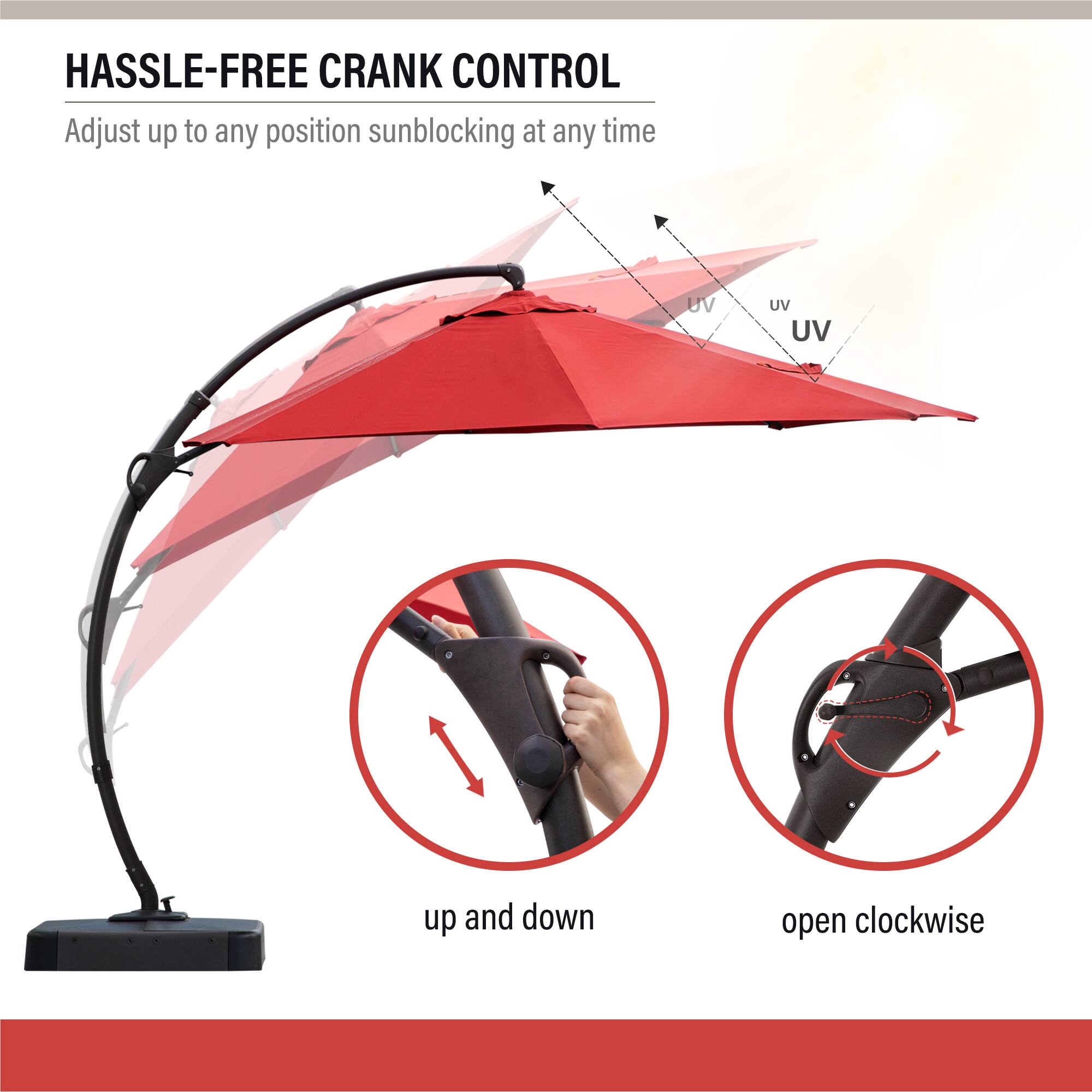 HASSLE-FREE CRANK CONTROL  
Adjust up to any position sunblocking at any time  

up and down  
open clockwise