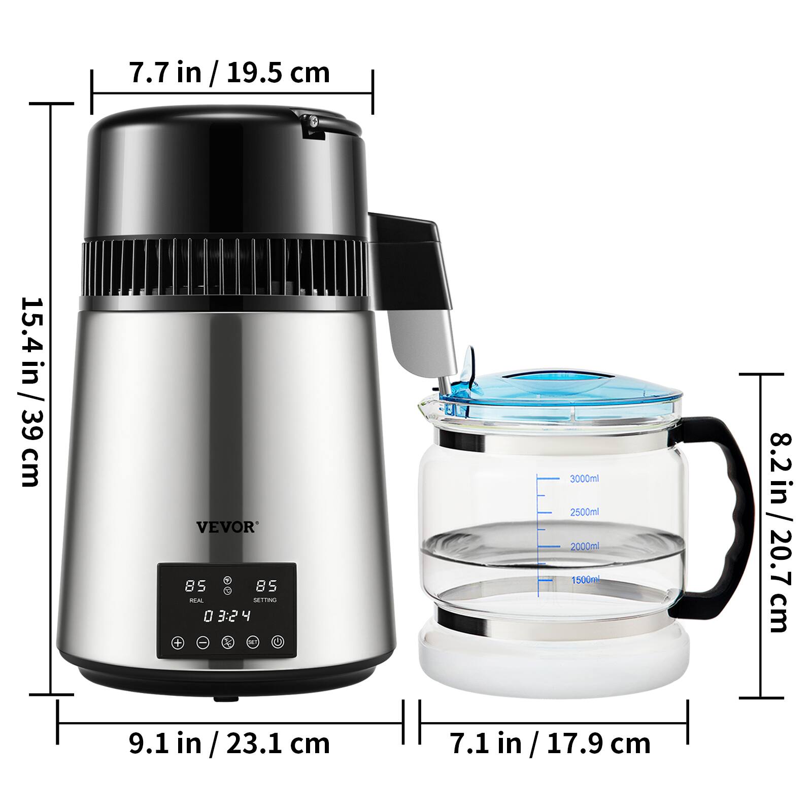 - Height: 15.4 in / 39 cm
- Width: 9.1 in / 23.1 cm
- Depth: 7.7 in / 19.5 cm
- Water Container Height: 8.2 in / 20.7 cm
- Water Container Width: 7.1 in / 17.9 cm
- Capacity: 3000ml, 2500ml, 2000ml, 1500ml
- Brand: VEVOR
- Temperature: 85°C
- Timer: 03:24