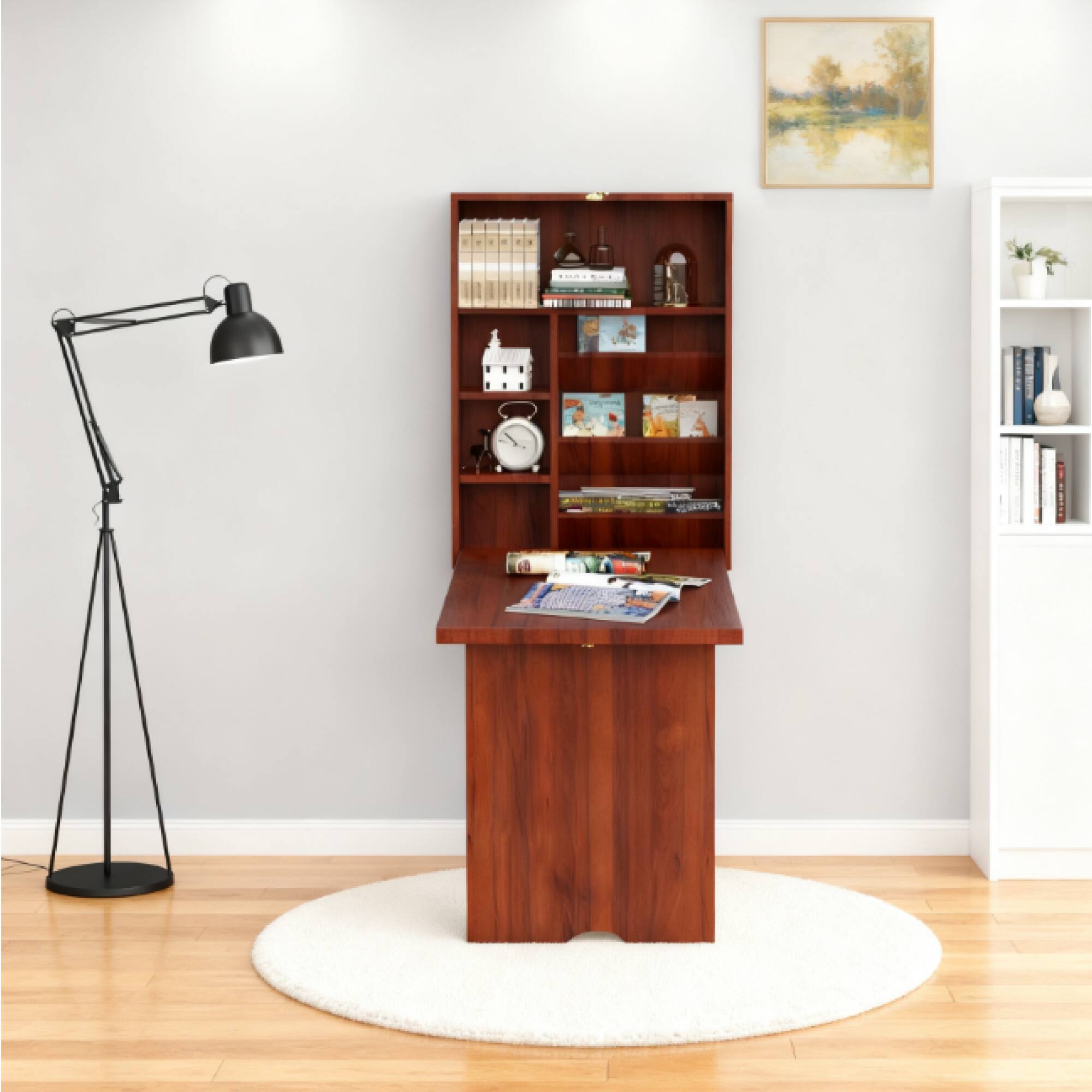 Alt View 5. GOODSILO - Space Saving Wall Mounted Fold Out Desk with Adjustable Shelves and Storage Compartments for Home Office - Mahogany.