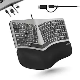 Macally - Wired Ergonomic Keyboard for Mac - USB Hub, Backlit Keys, Dual USB C + A Plug, Split Design, Padded Wrist Cushio - Space Gray