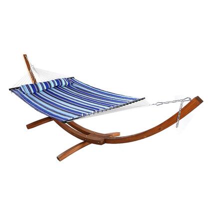 Front. Sunnydaze - Large Quilted Hammock with Curved Wooden Stand - Catalina Beach.