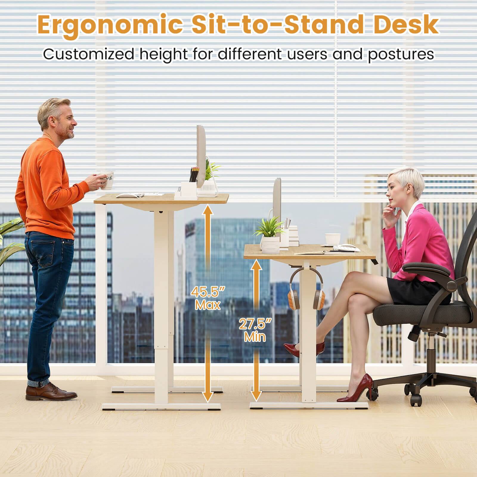 Ergonomic Sit-to-Stand Desk  
Customized height for different users and postures  

45.5" Max  
27.5" Min