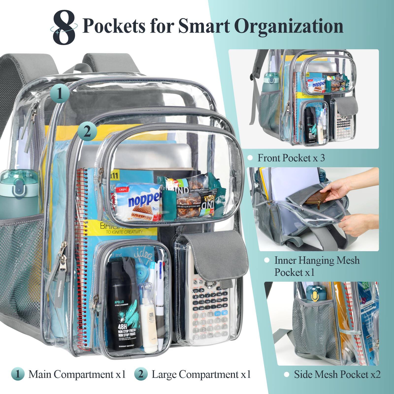 8 Pockets for Smart Organization

1. Main Compartment x1
2. Large Compartment x1

- Front Pocket x3
- Inner Hanging Mesh Pocket x1
- Side Mesh Pocket x2