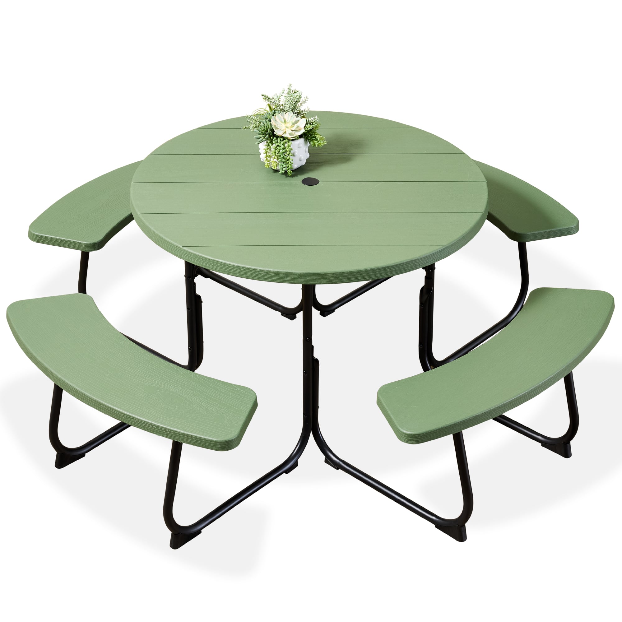 Best Choice Products - 8-Person Circular Outdoor Picnic Table w/ 4 Benches, Umbrella Hole, 2000lb Capacity - Green