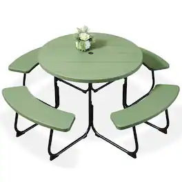 Best Choice Products - 8-Person Circular Outdoor Picnic Table w/ 4 Benches, Umbrella Hole, 2000lb Capacity - Green
