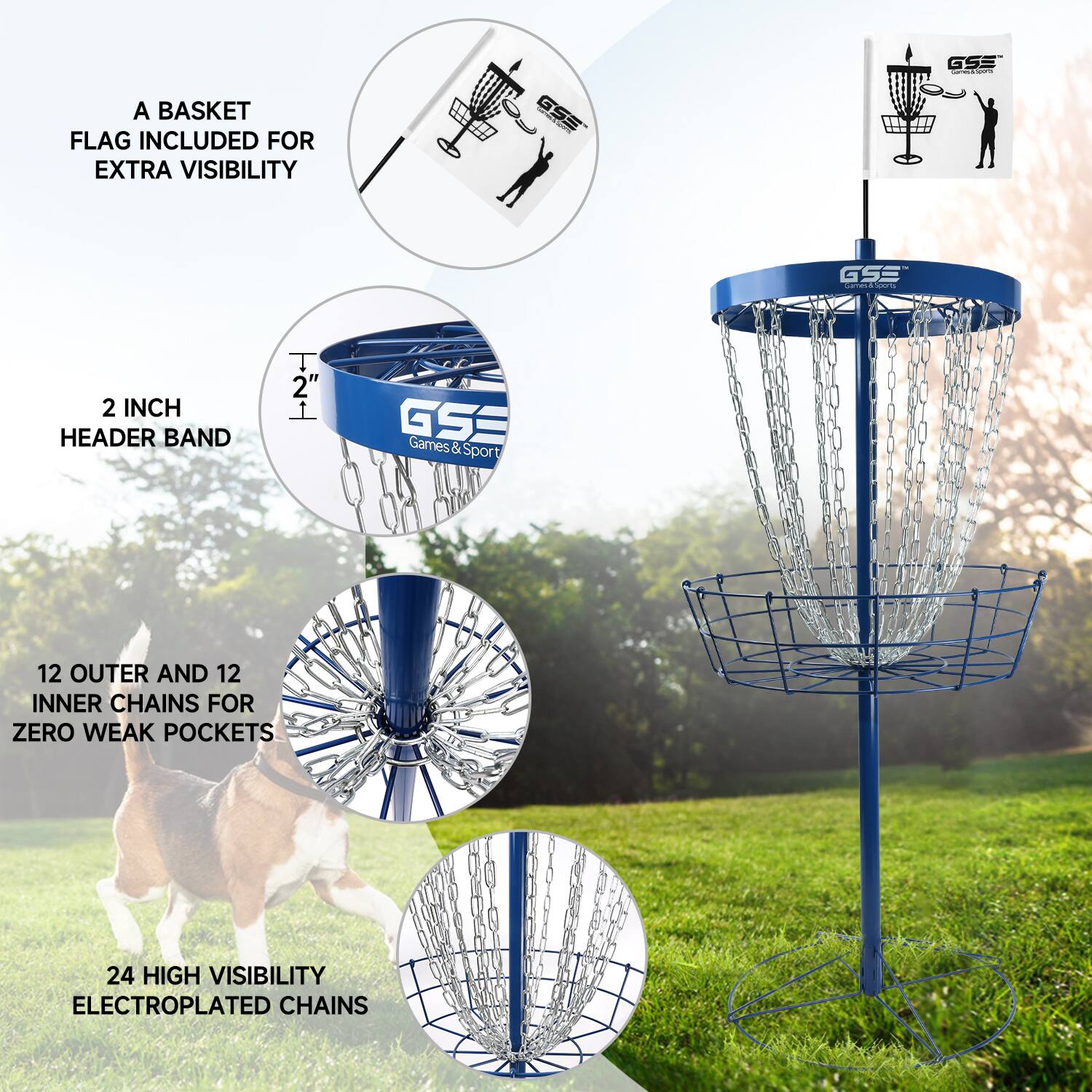 GSE Games & Sport, A BASKET FLAG INCLUDED FOR EXTRA VISIBILITY, 2 INCH HEADER BAND, 12 OUTER AND 12 INNER CHAINS FOR ZERO WEAK POCKETS, 24 HIGH VISIBILITY ELECTROPLATED CHAINS