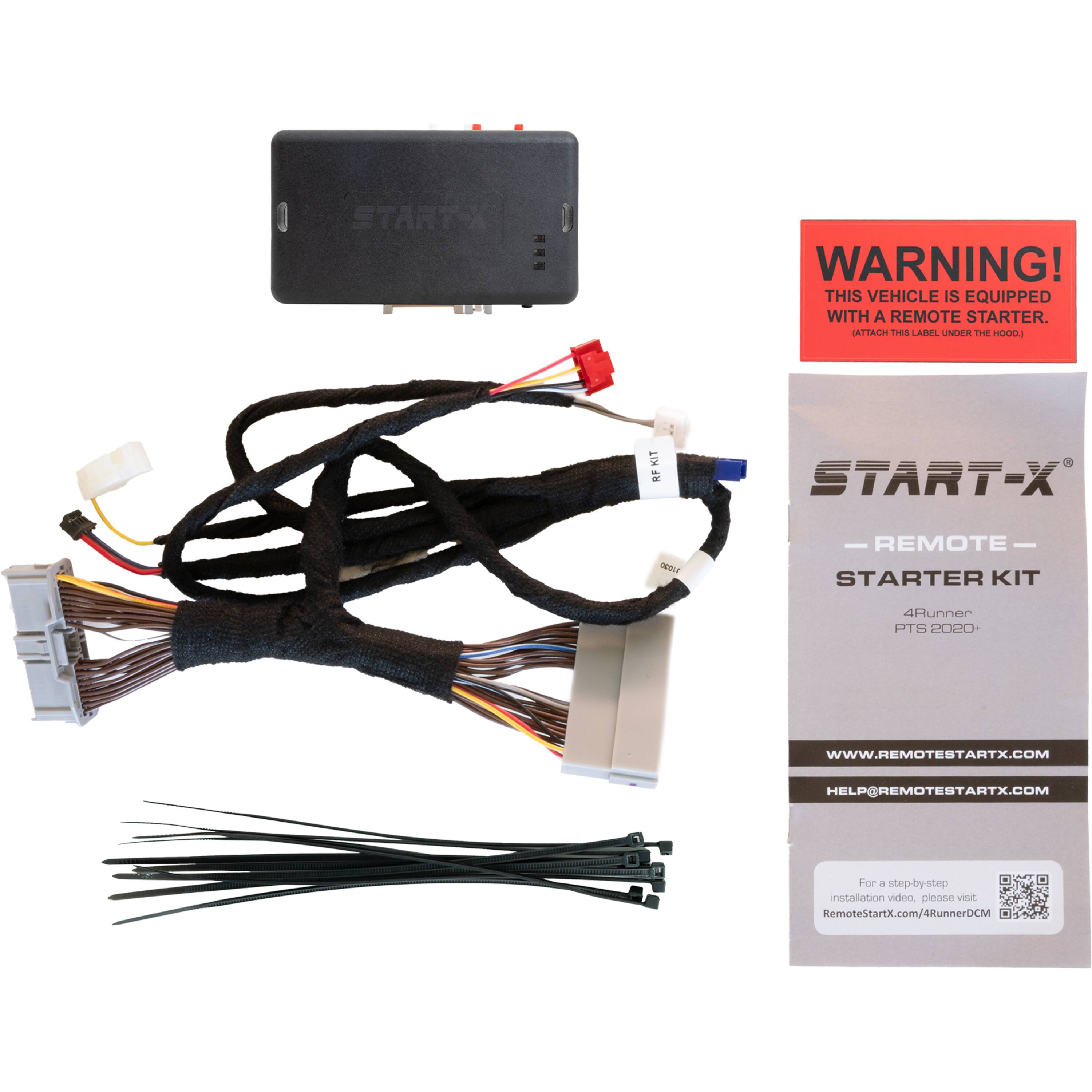 The text on the image is grouped and corrected as follows:

START WARNING! THIS VEHICLE IS EQUIPPED WITH A REMOTE STARTER. ATTACH THE 003 KIT TO THE START-X - REMOTE STARTER KIT 4Runner PTS 2020. WWW.REMOTESTARTX.COM. HELP@REMOTESTARTX.COM. For a step-by-step installation video, please visit RemoteStartX.com/4RunnerDCM.