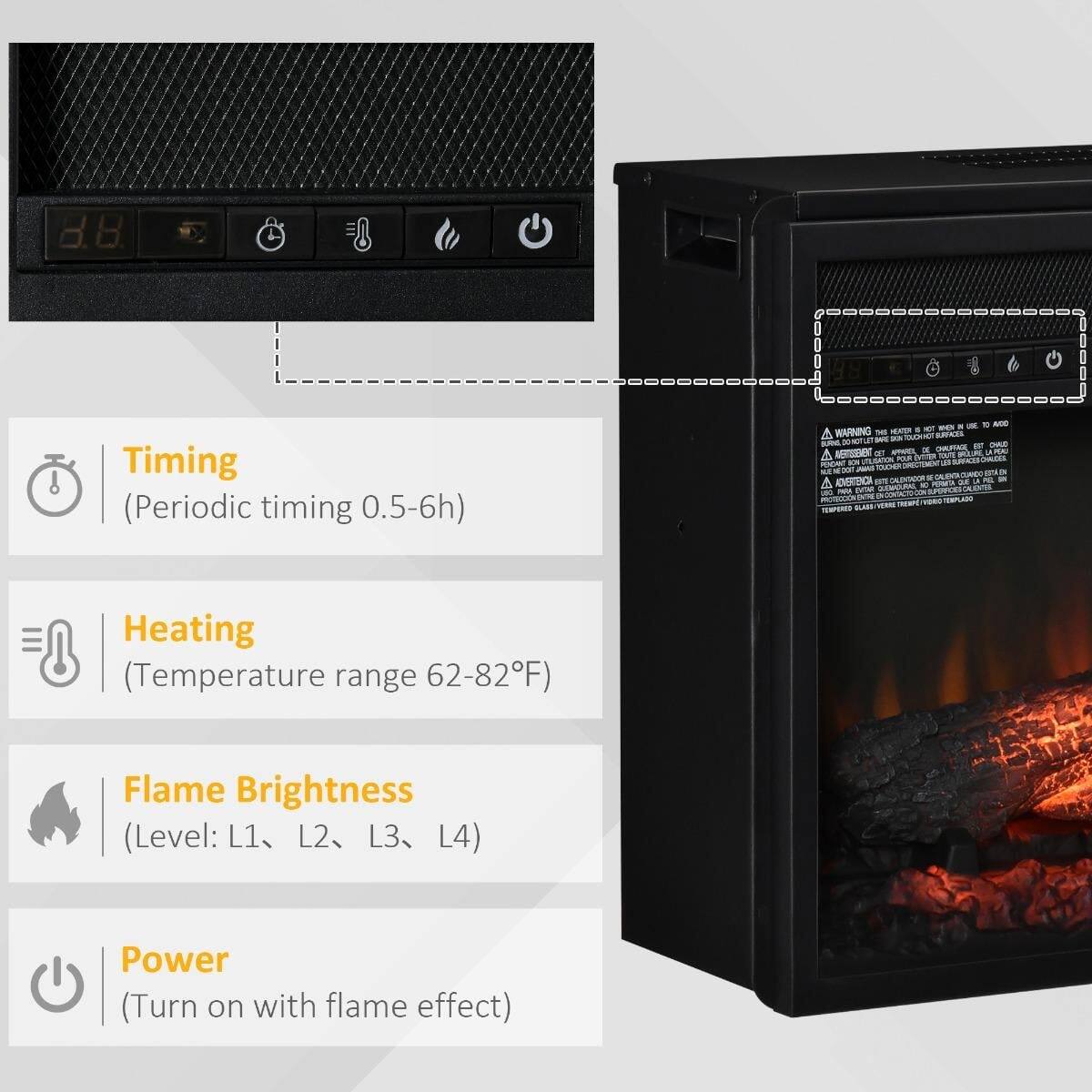 - Timing (Periodic timing 0.5-6h)
- Heating (Temperature range 62-82°F)
- Flame Brightness (Level: L1, L2, L3, L4)
- Power (Turn on with flame effect)