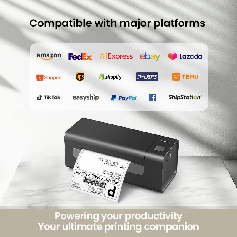 Compatible with major platforms:  
Amazon, FedEx, AliExpress, eBay, Lazada, Shopee, UPS, Shopify, USPS, Temu, TikTok, EasyShip, PayPal, Facebook, ShipStation.  

Powering your productivity  
Your ultimate printing companion