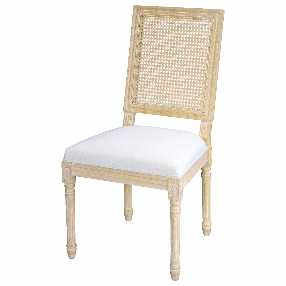 Back. Loheer - Loheer French Country Dining Chairs Set of 2 Upholstered Rattan Back Solid Wood Frame Beige - Beige.