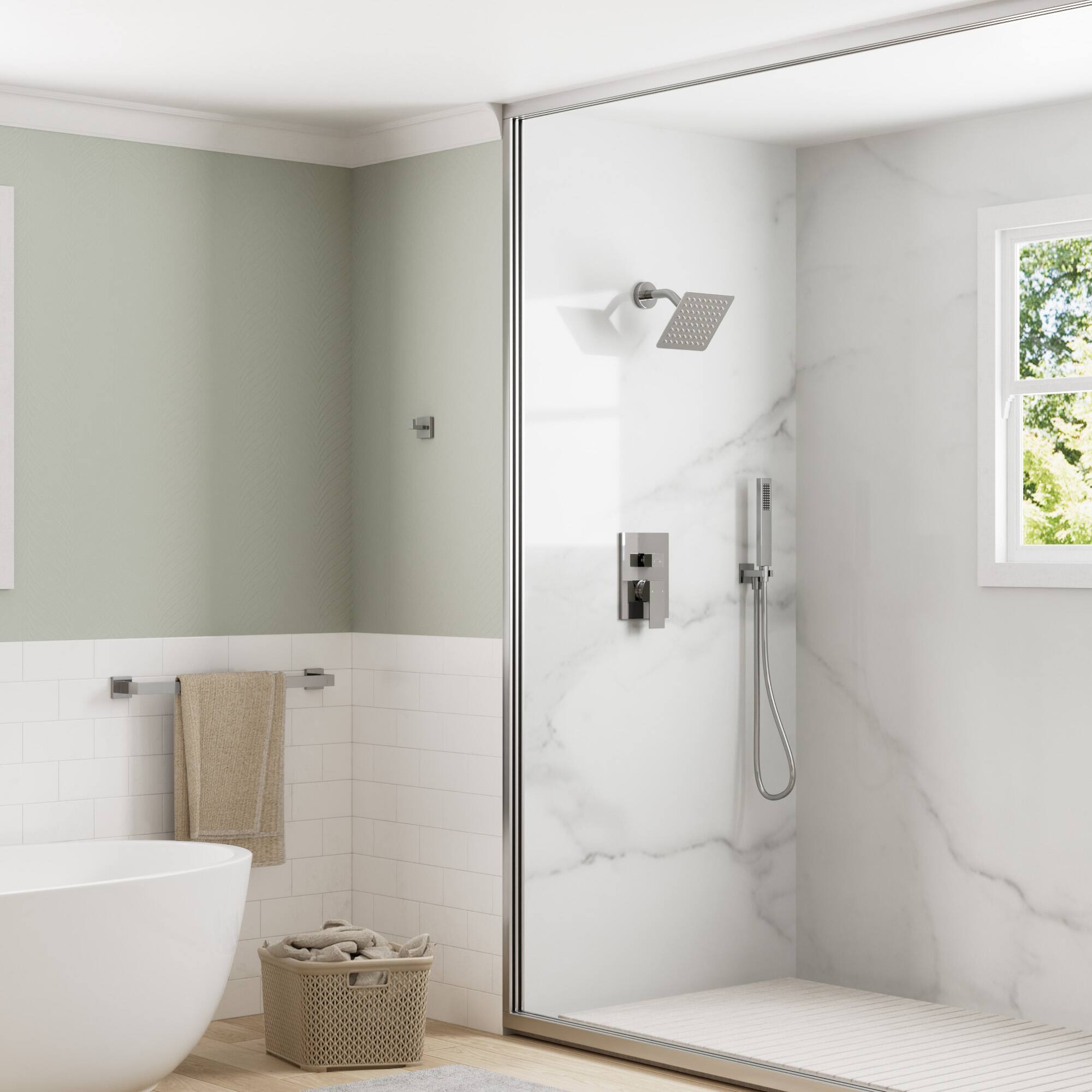 Left. GRANDJOY - 10" Rain Shower System with Handheld Shower Head and Single Handle Mixer Valve - Polished Chrome.