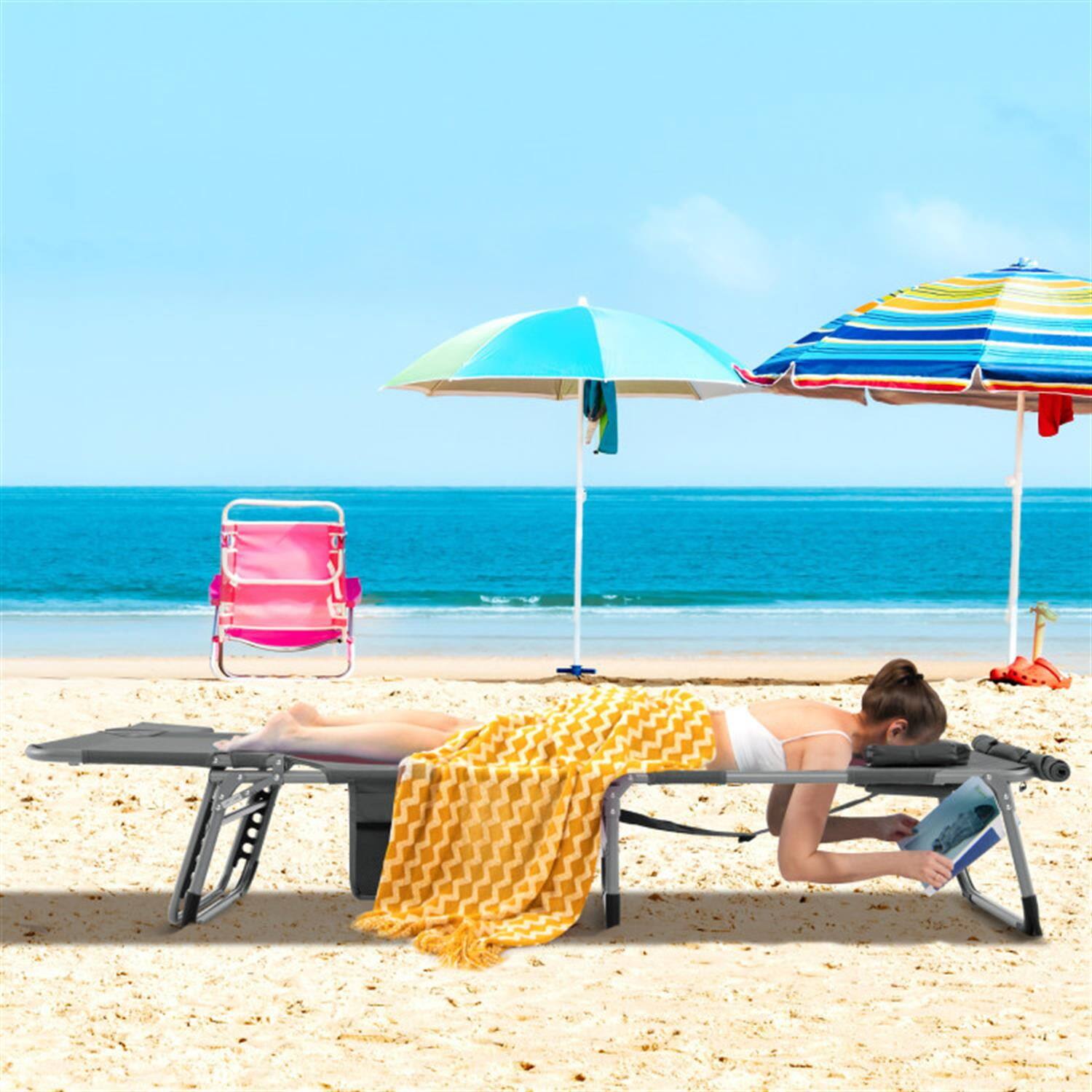 Alt View 5. Pefilos - 5-position Outdoor Patio Folding Chaise Lounge Chair for Outside Pool, Sunbathing and Reading on Stomach, Gray Cushion - Gray.
