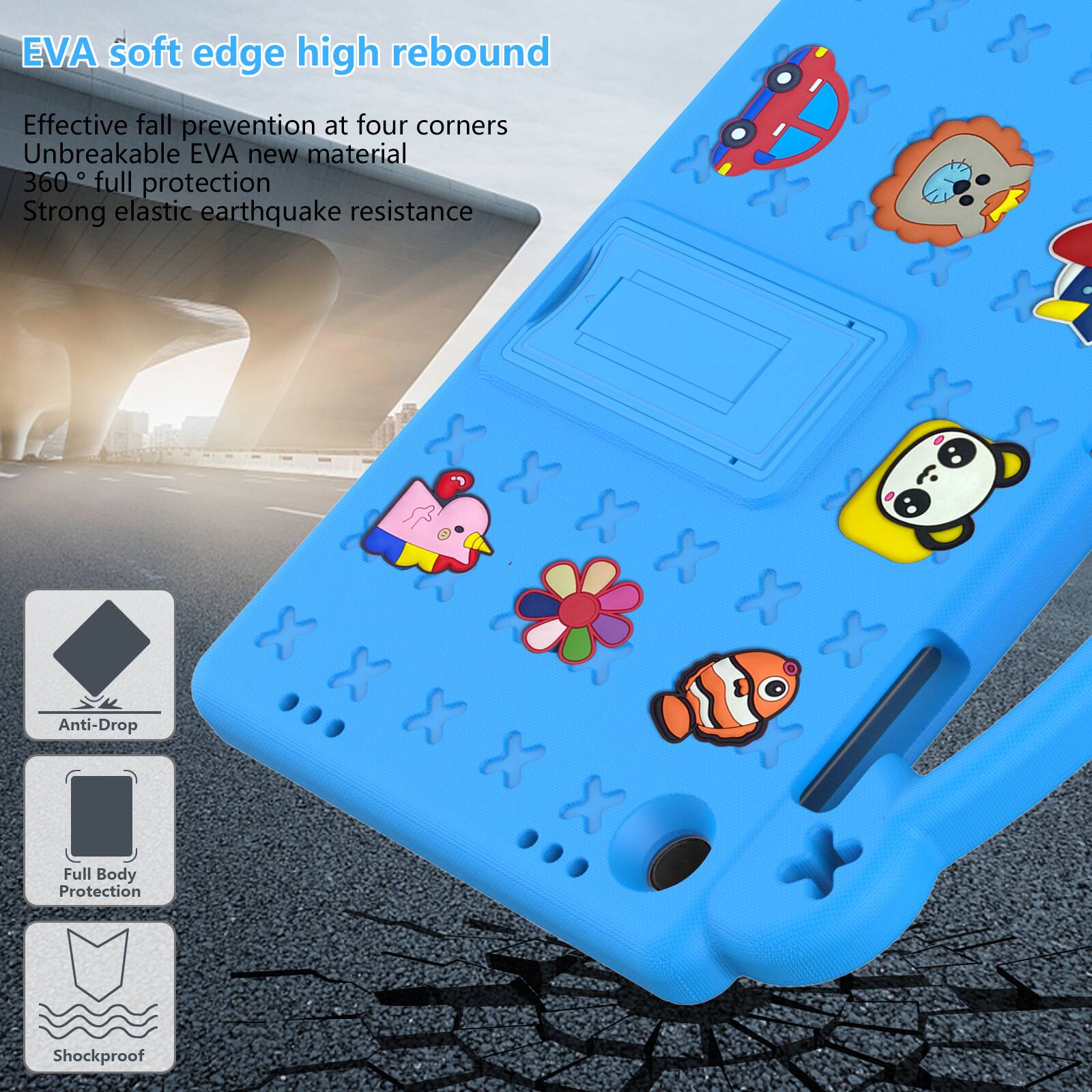 EVA soft edge high rebound  
Effective fall prevention at four corners  
Unbreakable EVA new material  
360° full protection  
Strong elastic earthquake resistance  

Anti-Drop  
Full Body Protection  
Shockproof