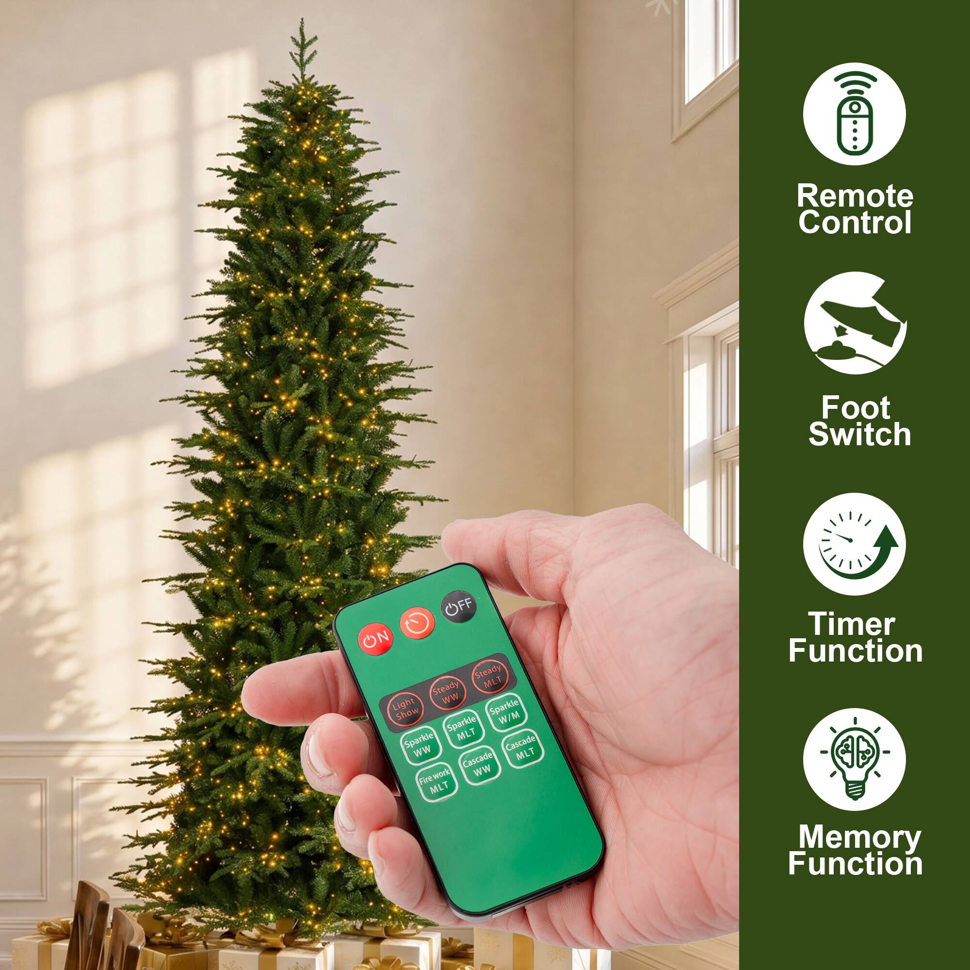 Remote Control  
Foot Switch  
Timer Function  
Memory Function  

OFF ON  
Steady MLT  
Steady WW  
Light Show  
Sparkle  
Sparkle W/M  
Sparkle MLT  
Cascade WW  
Cascade MLT  
Fire work WW MLT