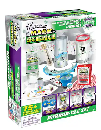 The Secrets of Science That Amaze Like Magic!
Fantasma Magic Science
STEM Powered by Magic
Mirror-Cle Set
75+ Science Experiments
Just Add Water!
Gone in a Flash!
Read Your Friend's Mind
Evaporating Milk!
Anamorphic Images
Secret Image Technology
Optical Experiments
Warning: Small Parts - Choking Hazard. Not for children under 3 years.