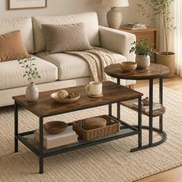 WELLFOR - Coffee Table Set of 2, Rectangle Coffee Table and Side End Table with Storage Shelves, Nesting Center Table - Rustic Brown