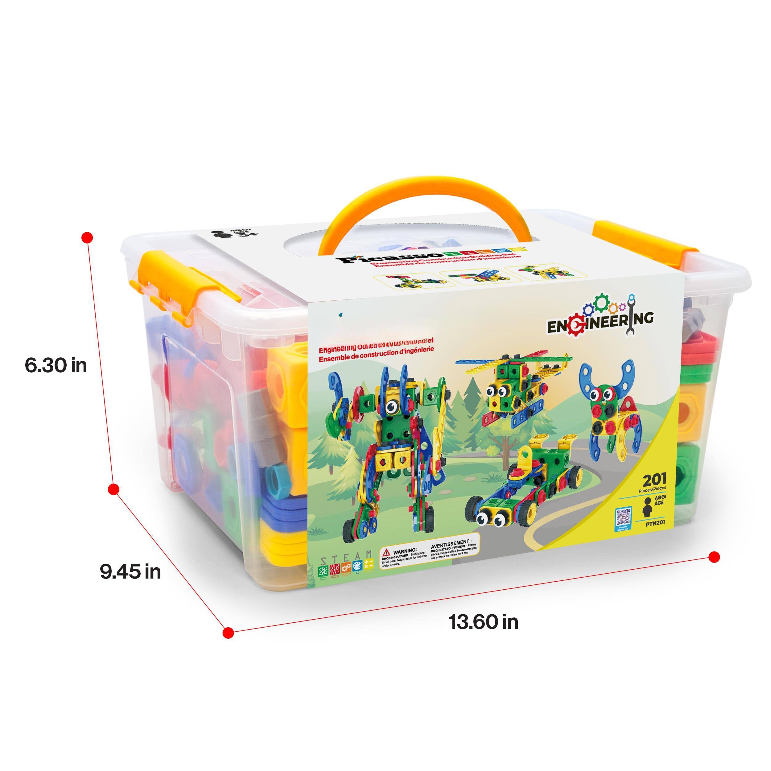 Sure, here is the corrected and grouped text from the image:

- **Dimensions:**
  - 6.30 in
  - 9.45 in
  - 13.60 in

- **Text on the Box:**
  - "ENGINERING"
  - "Ensemble de construction d'ingénierie"
  - "201"
  - "PTX201"
  - "WARNING"
  - "ADVERTIMENT"