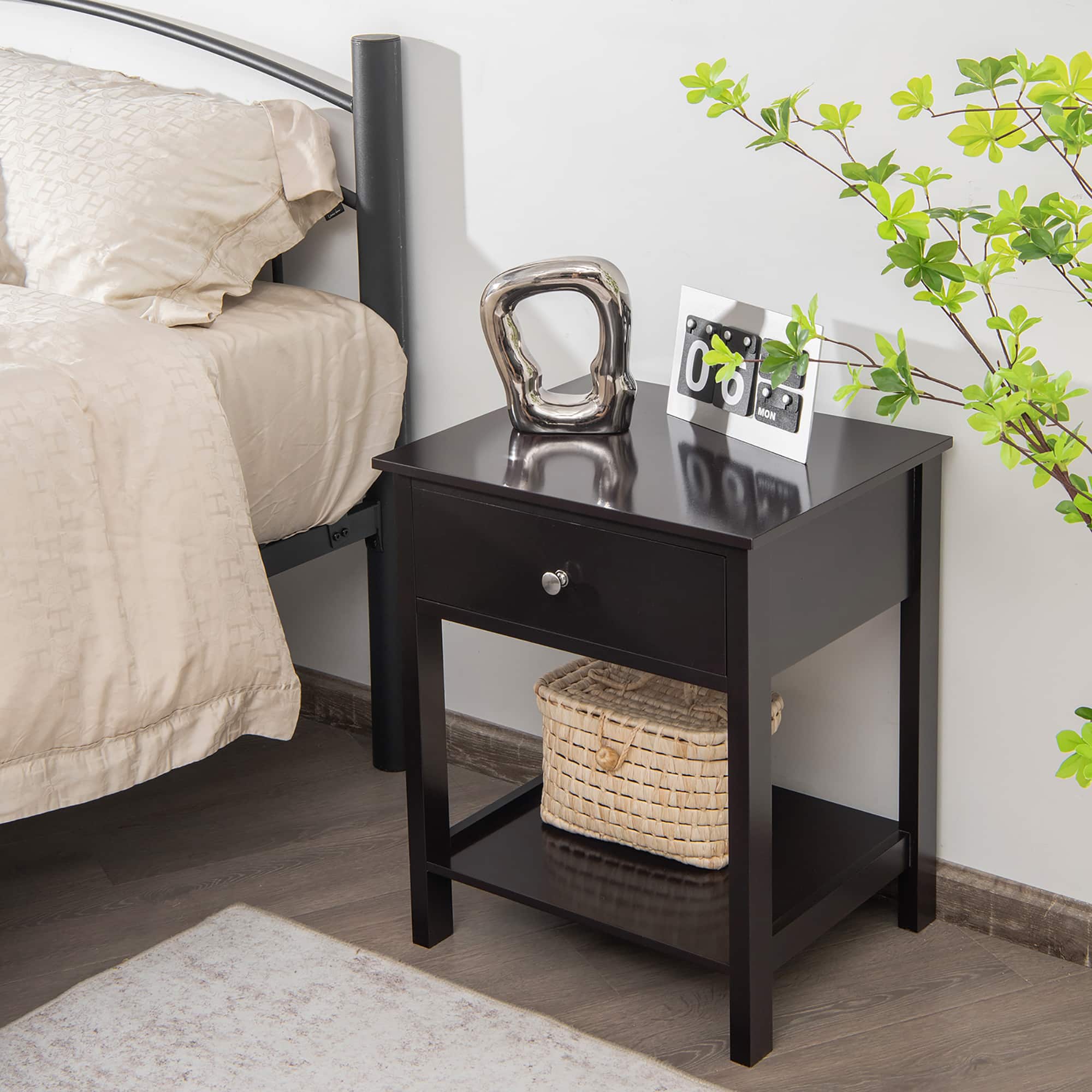 Costway Nightstand with Drawer Storage Shelf Wooden Bedside Sofa Side