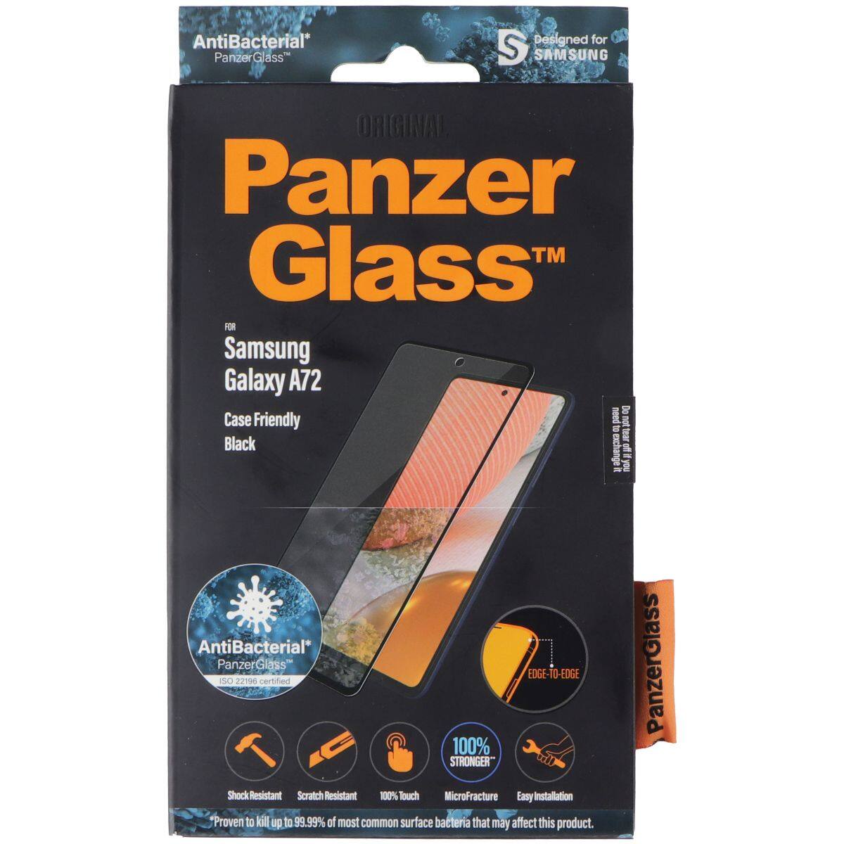 AntiBacterial PanzerGlass Designed for SAMSUNG ORIGINAL PanzerGlass™ FOR Samsung Galaxy A72 Case Friendly Black

- EDGE-TO-EDGE
- 100% STRONGER
- Shock Resistant
- Scratch Resistant
- 100% Touch
- MicroFracture
- Easy Installation

Proven to kill up to 99.99% of most common surface bacteria that may affect this product.