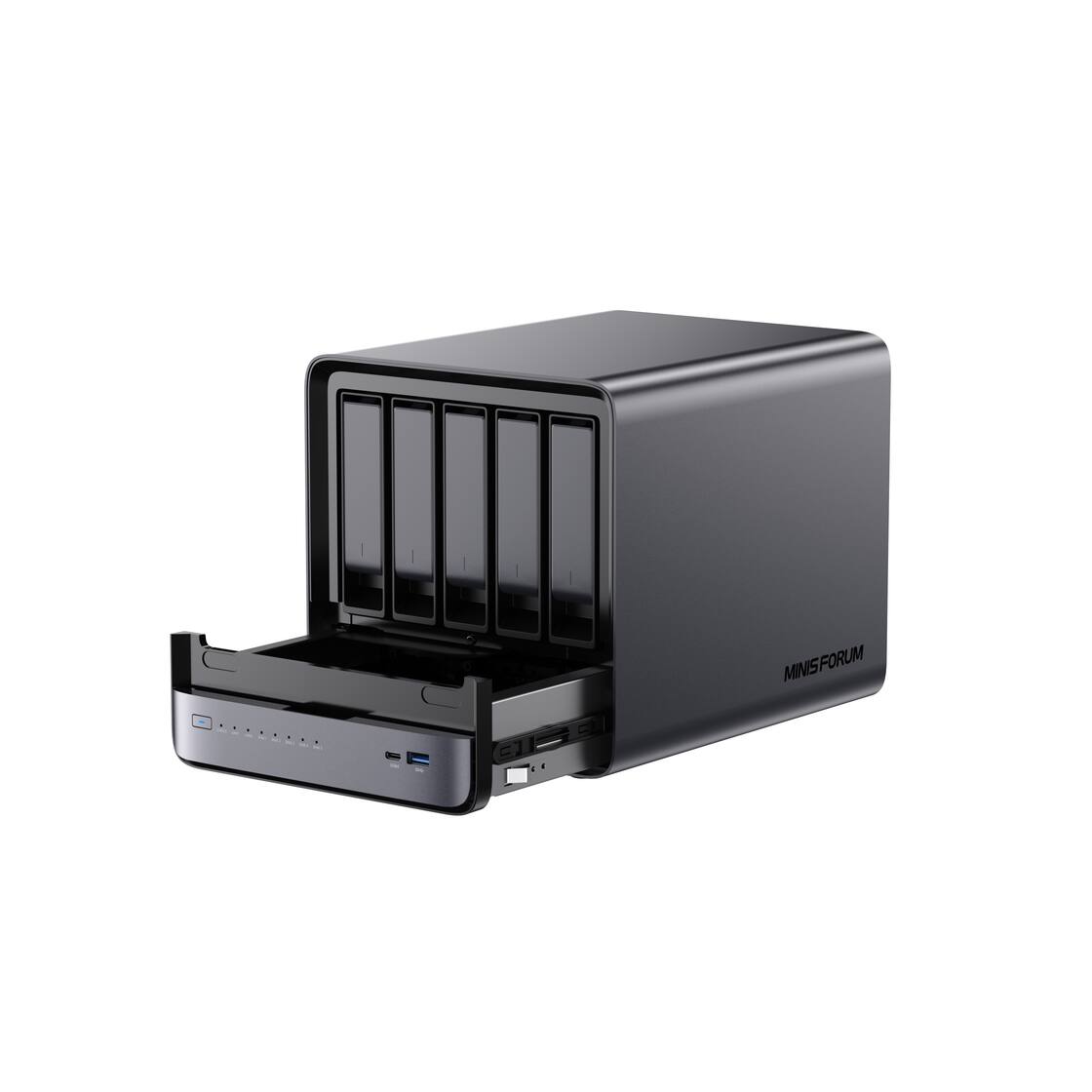 Angle. Minisforum - N5 Pro AI NAS with Ryzen HX PRO - 5 Bays, 144TB Capacity, Dual 10GbE/5GbE Ports - Black.