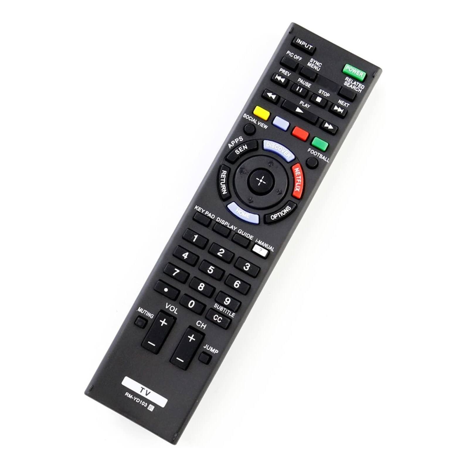INPUT PIC OFF MENU SYNC PREV POWER H4 PAUSE REL " STOP SEARCH PLAY NEXT SOCIAL VIEW APPS SEN DISCOVER FOOTBALL RETURN NETFLIX KEYPAD HOME OPTIONS DISPLAY 1 GUIDE I-MANUAL 4 2 5 3 7 8 6 . 0 9 MUTING VOL SUBTITLE + Cc CH - + JUMP - TV RM-YD103