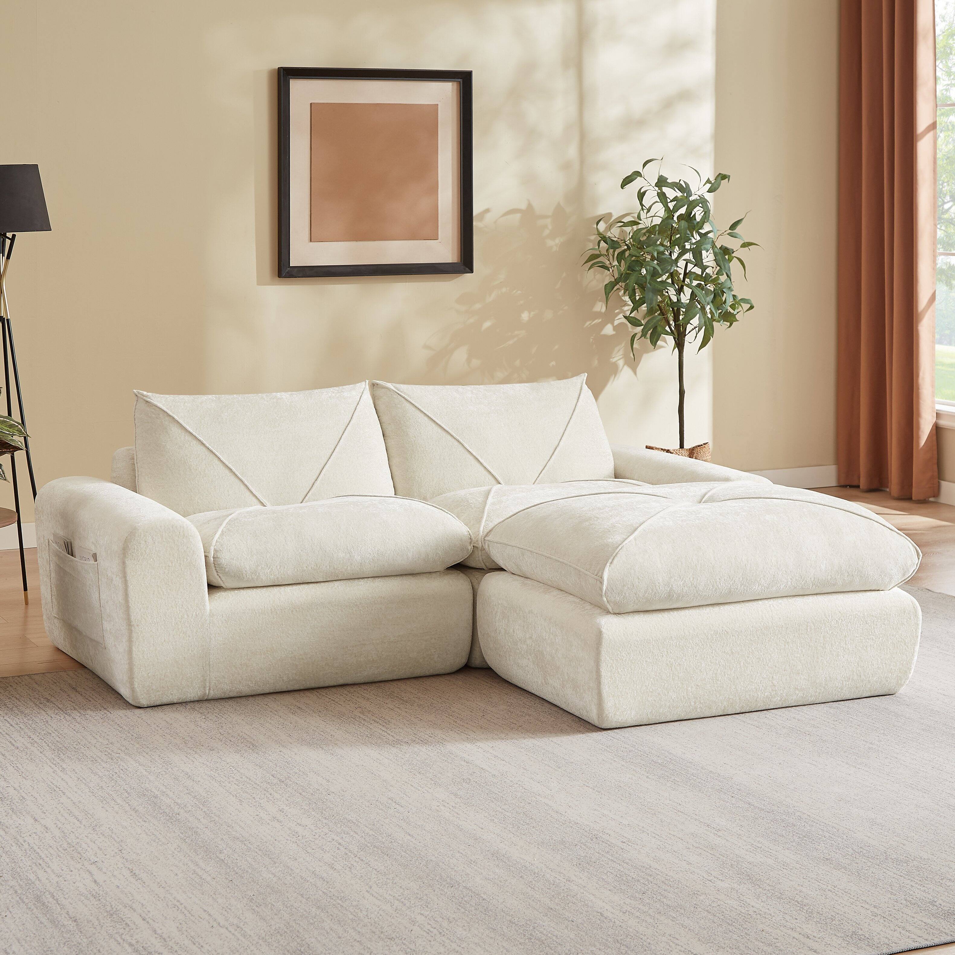 Angle. Loheer - Loheer Modern Chenille Sectional Sofa with Ottoman Minimalist L Shaped Couch for Living Room Apartment 86 Inch - Beige.