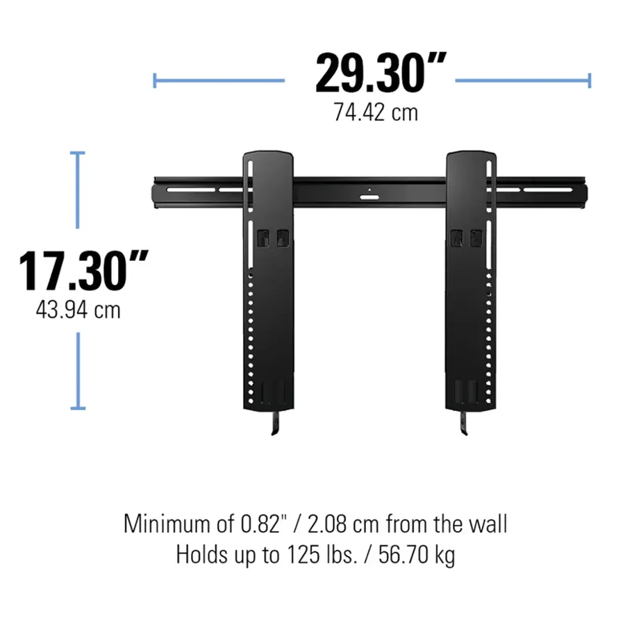 The image shows a black metal bracket with dimensions of 29.30" (74.42 cm) and 17.30" (43.94 cm). The bracket is designed to be mounted on a wall, with a minimum distance of 0.82" (2.08 cm) from the wall. The bracket is capable of holding up to 125 lbs (56.70 kg).