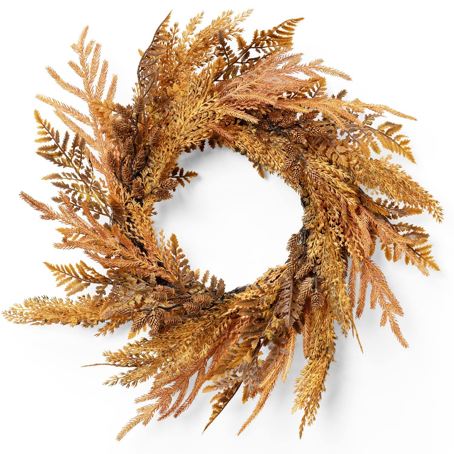 Alt View 4. Siljoy - 16-Inch Fall Farmhouse Wreath, Pine Needles Pinecones Wheat, Indoor/Outdoor Fall Christmas Decor - yellow.