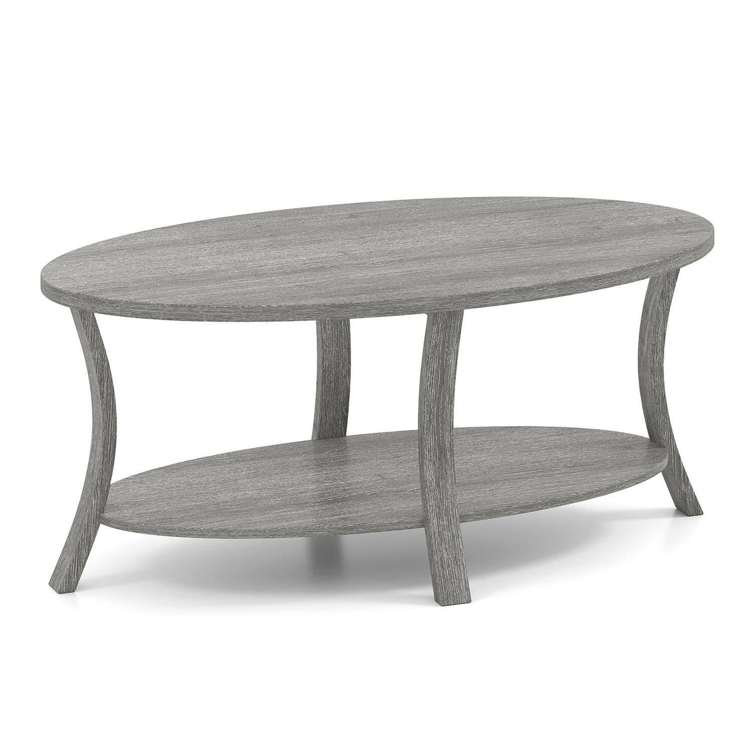 Left. Pefilos - 2-Tier Oval Coffee Table, Rubber Wood Frame, Splayed Support Legs, Open Storage Shelf, Gray - Gray.