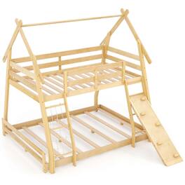 Costway - Twin Over Queen Bunk Bed House Shaped Bed Frame with Climbing Nets and Ramp - Beige
