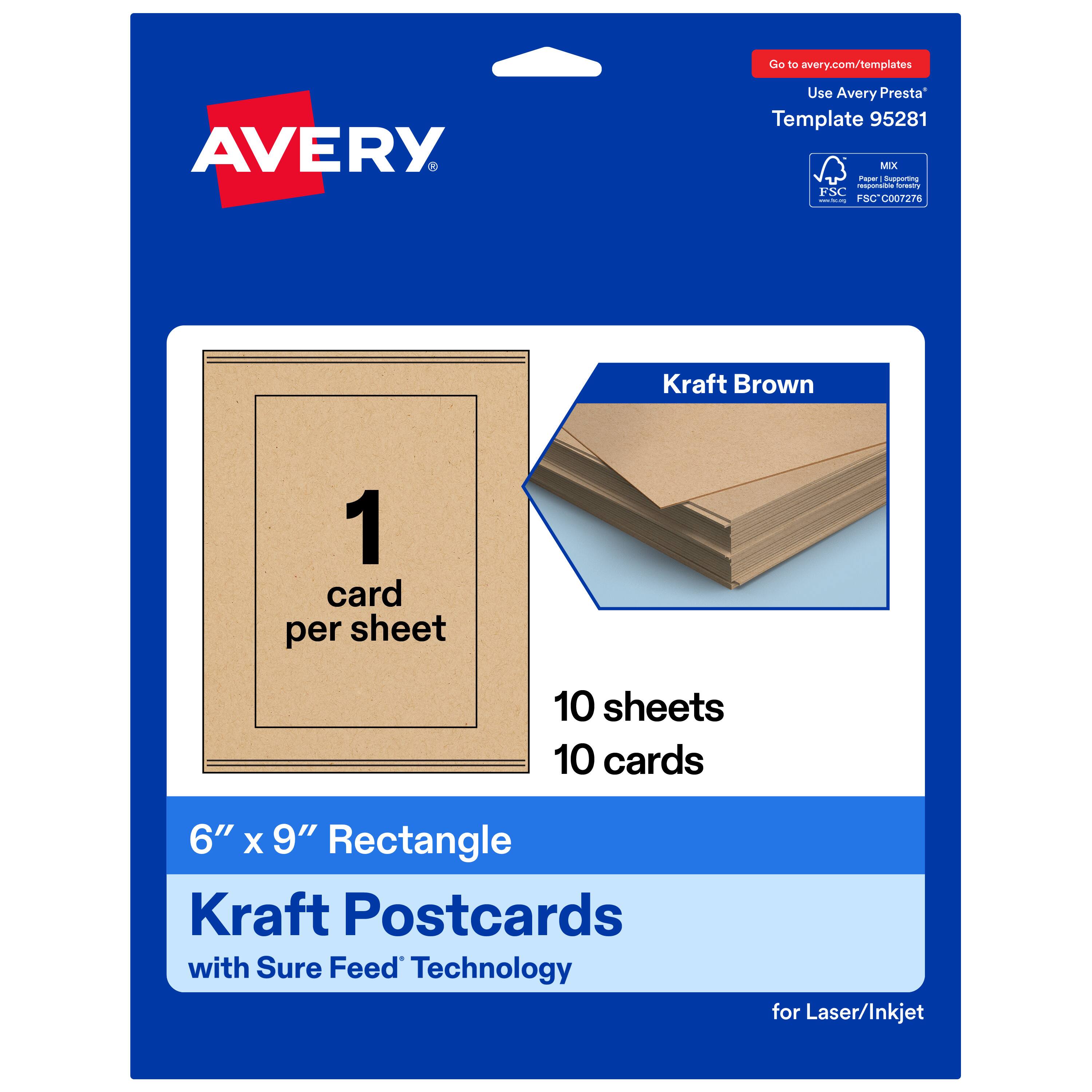 Go to avery.com/templates  
Use Avery Presta Template 95281  
Kraft Brown  
1 card per sheet  
10 sheets  
10 cards  
6" x 9" Rectangle Kraft Postcards with Sure Feed Technology for Laser/Inkjet