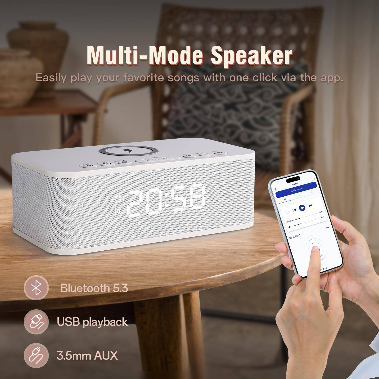 Multi-Mode Speaker  
Easily play your favorite songs with one click via the app.  

Bluetooth 5.3  
USB playback  
3.5mm AUX