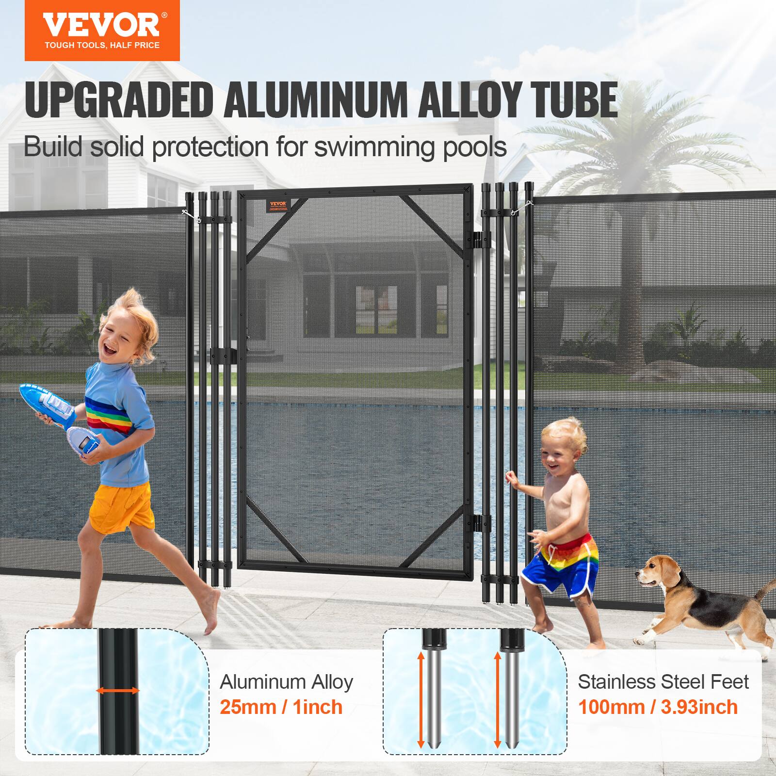 VEVOR TOUGH TOOLS. HALF PRICE UPGRADED ALUMINUM ALLOY TUBE Build solid protection for swimming pools Aluminum Alloy 25mm / 1inch Stainless Steel Feet 100mm/ 3.93inch