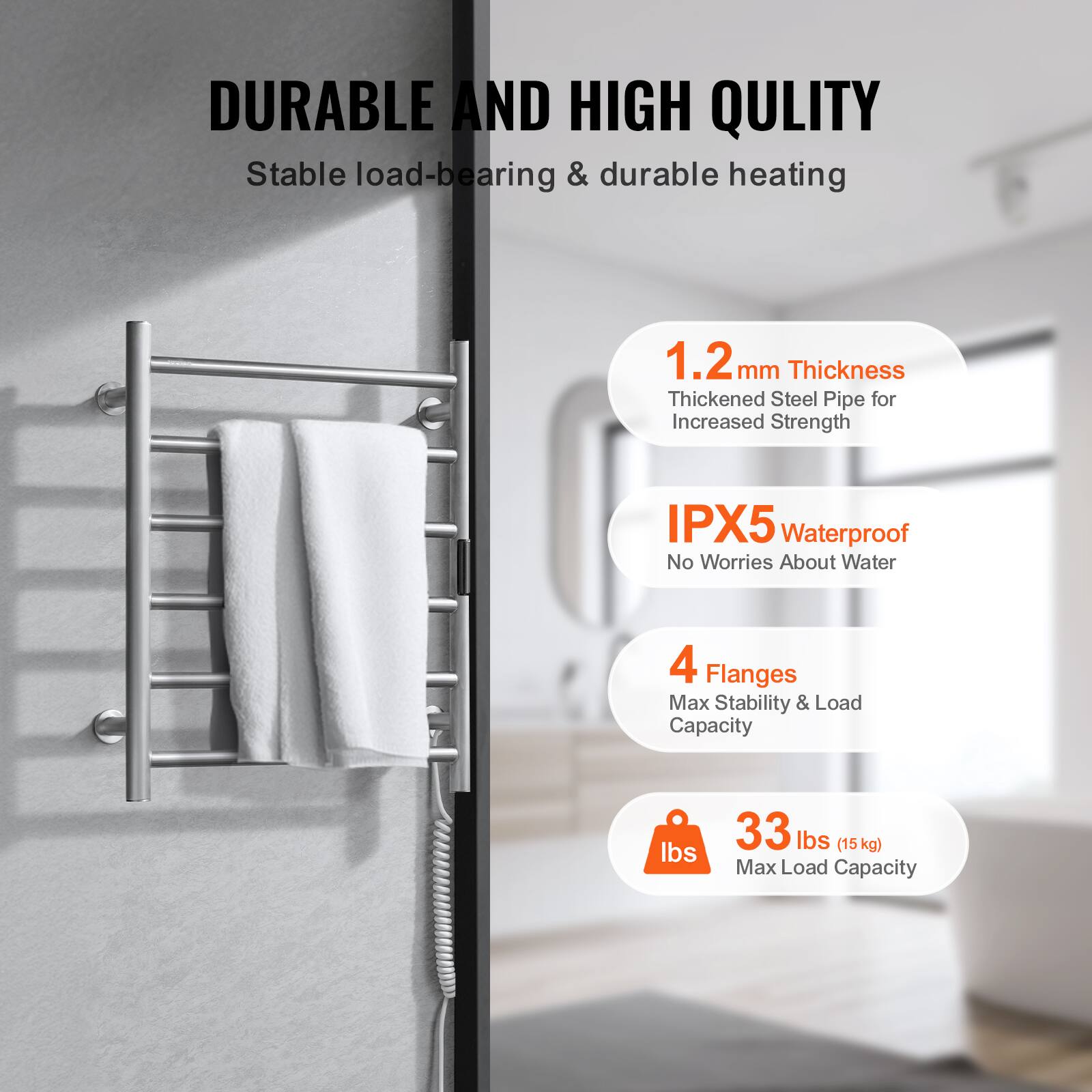 DURABLE AND HIGH QUALITY  
Stable load-bearing & durable heating  

1.2 mm Thickness  
Thickened Steel Pipe for Increased Strength  

IPX5 Waterproof  
No Worries About Water  

4 Flanges  
Max Stability & Load Capacity  

33 lbs (15 kg)  
Max Load Capacity