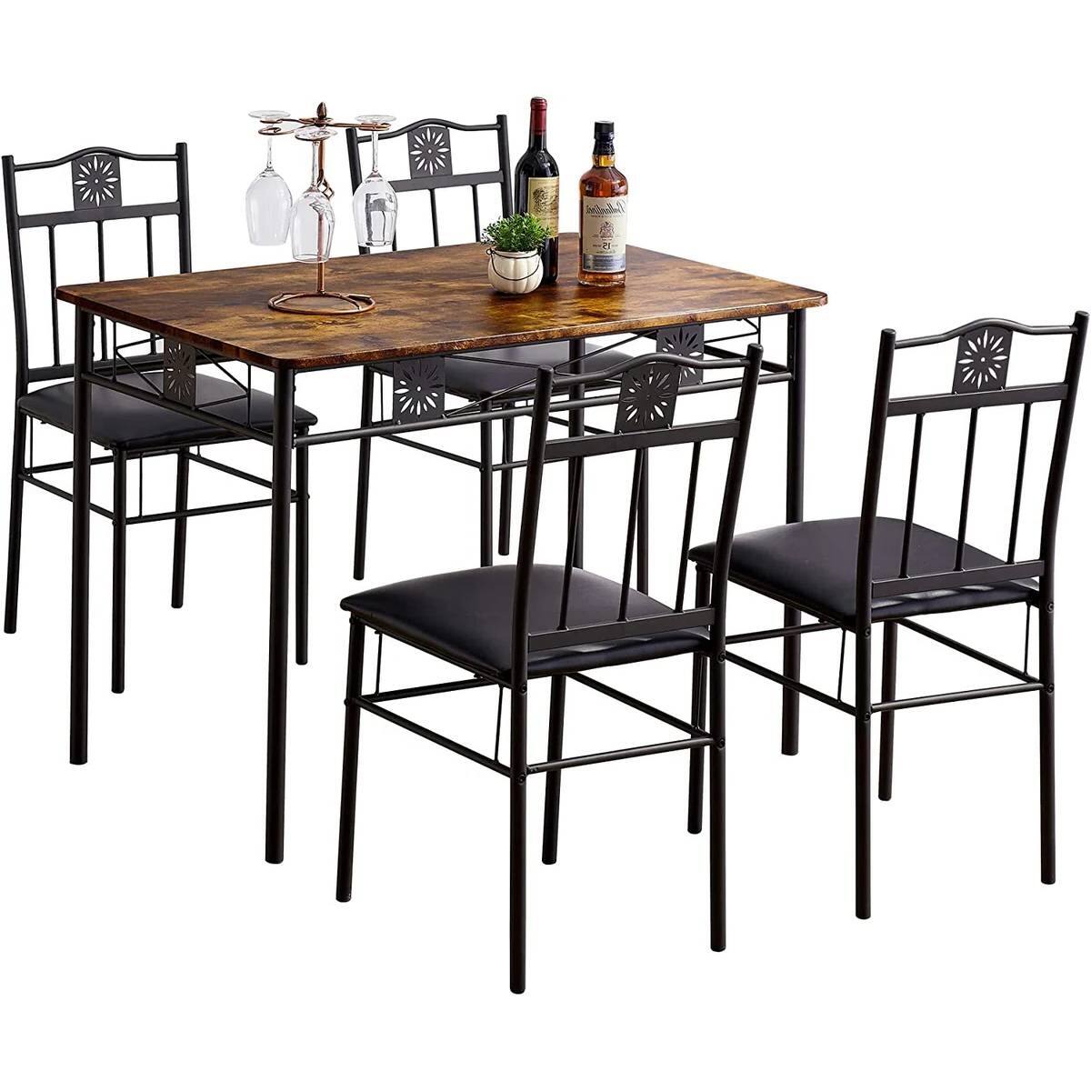 Front. SlickBlue - Farmhouse 5-Piece Dining Set with Wood Table and 4 Cushioned Chairs - Retro Brown.
