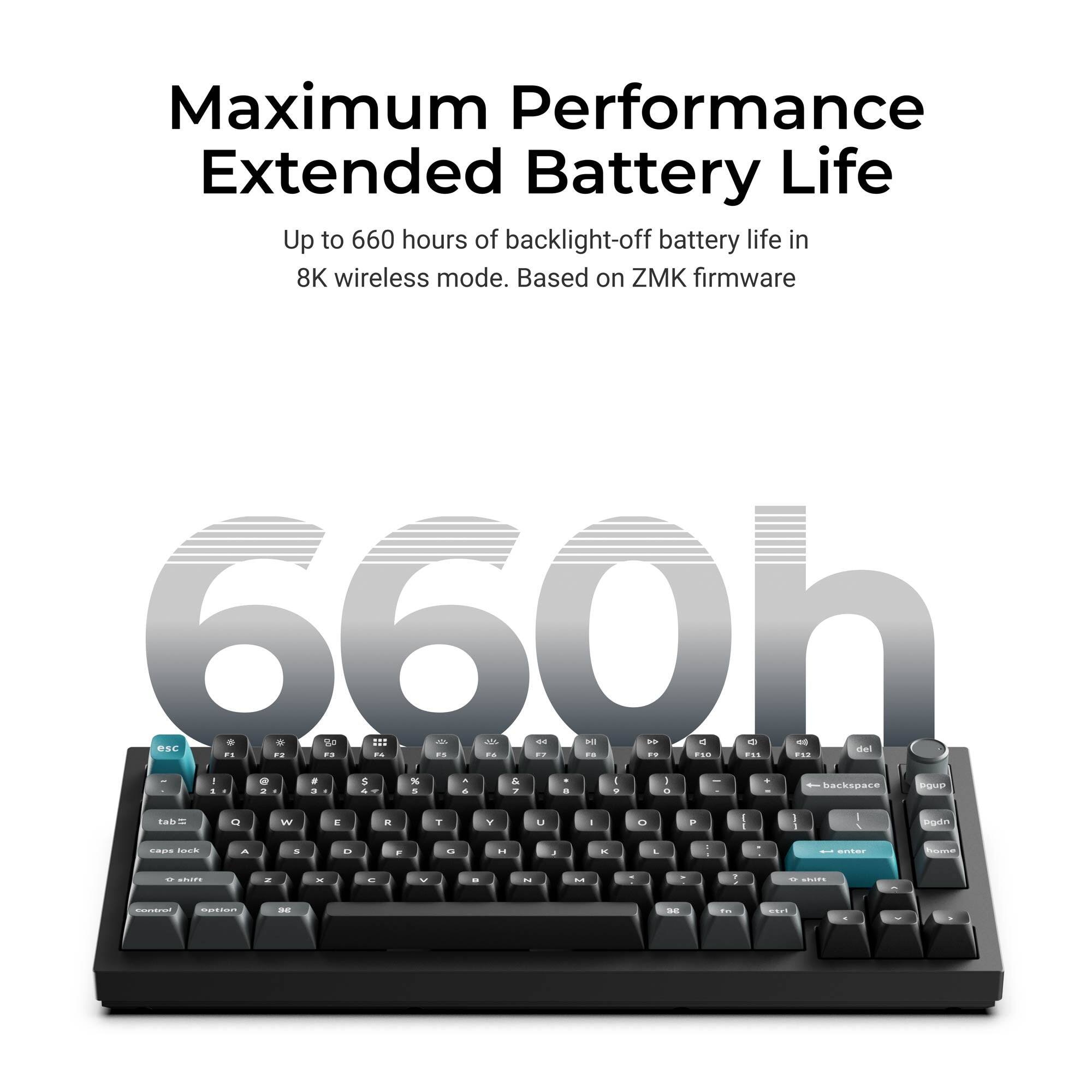 Maximum Performance Extended Battery Life  
Up to 660 hours of backlight-off battery life in 8K wireless mode. Based on ZMK firmware