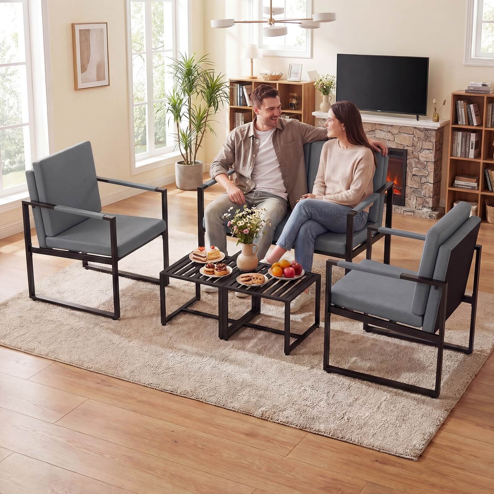 Alt View 4. Costway - Costway Modern Accent Chair Set of 2 PU Leather Upholstered Armchairswith Solid Metal Fram - Gray + Black.