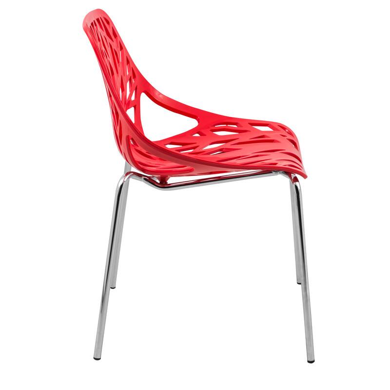Back. LeisureMod - Asbury Stackable Modern Dining Chair with Cut Out Design and Chrome Legs Side Chair for Home Living Room - Red.