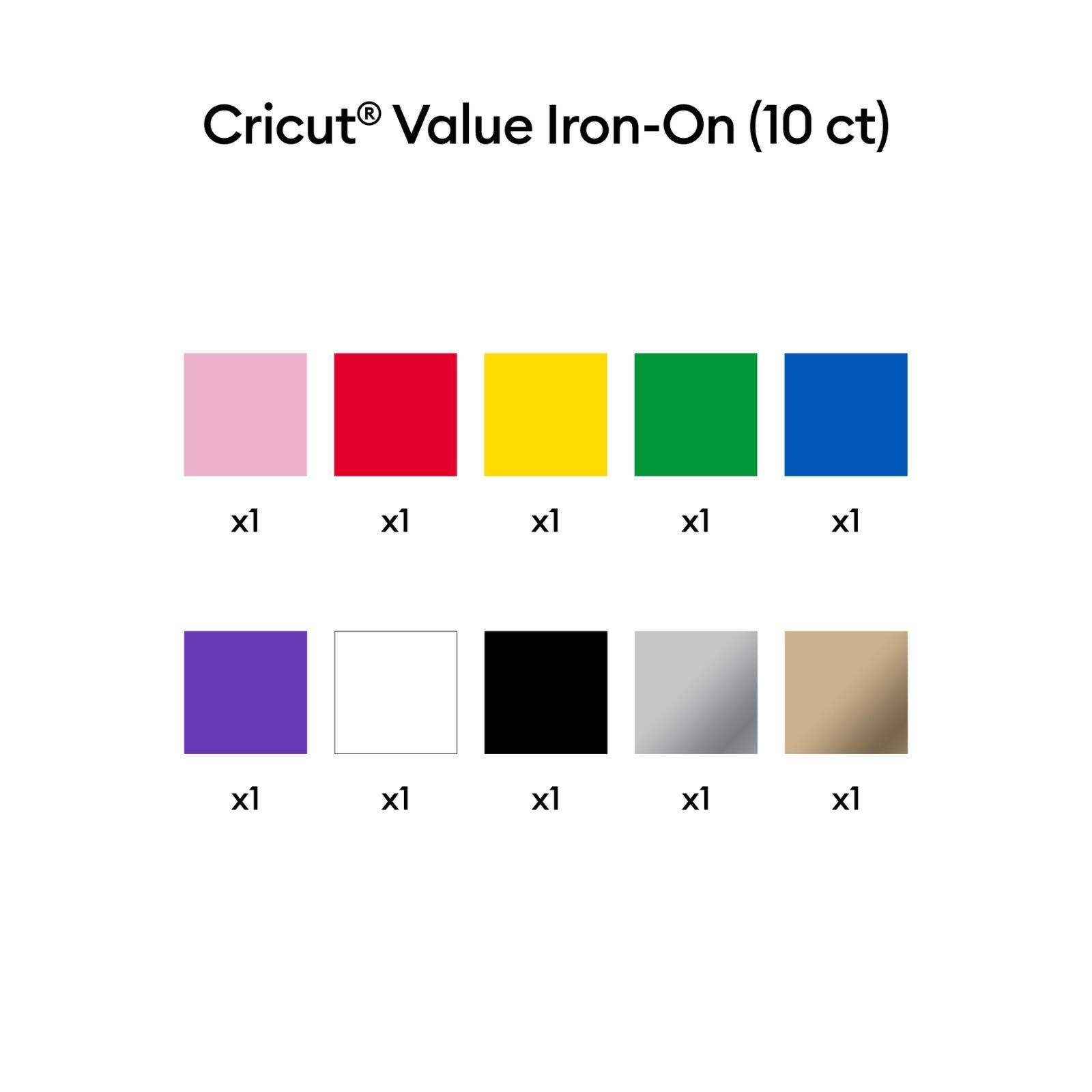 Cricut® Value Iron-On (10 ct)

- Pink x1
- Red x1
- Yellow x1
- Green x1
- Blue x1
- Purple x1
- White x1
- Black x1
- Gray x1
- Beige x1