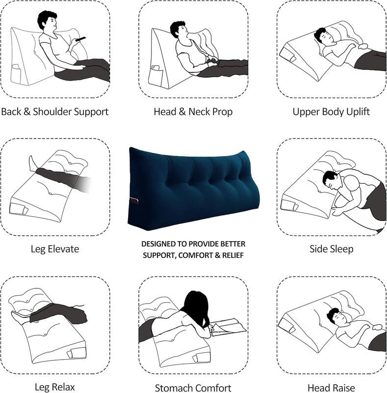Here is the corrected and grouped text based on the image:

1. **Back & Shoulder Support**
2. **Head & Neck Prop**
3. **Upper Body Uplift**
4. **Leg Elevate**
5. **Side Sleep**
6. **Leg Relax**
7. **Stomach Comfort**
8. **Head Raise**

**Designed to provide better support, comfort & relief.**