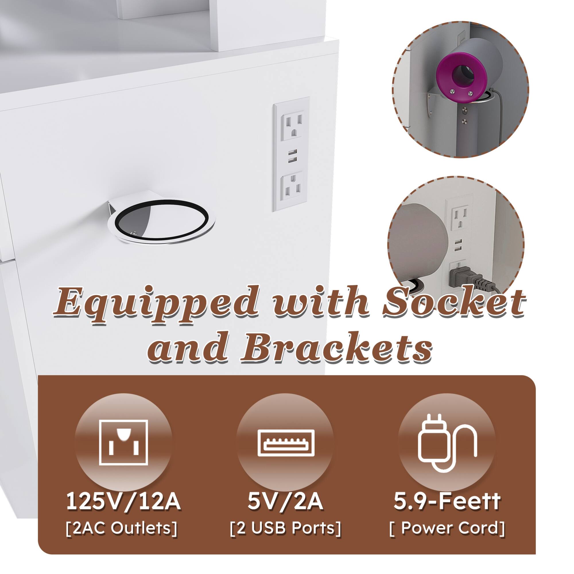 Equipped with Socket and Brackets

125V/12A [2 AC Outlets]  
5V/2A [2 USB Ports]  
5.9-Feet [Power Cord]