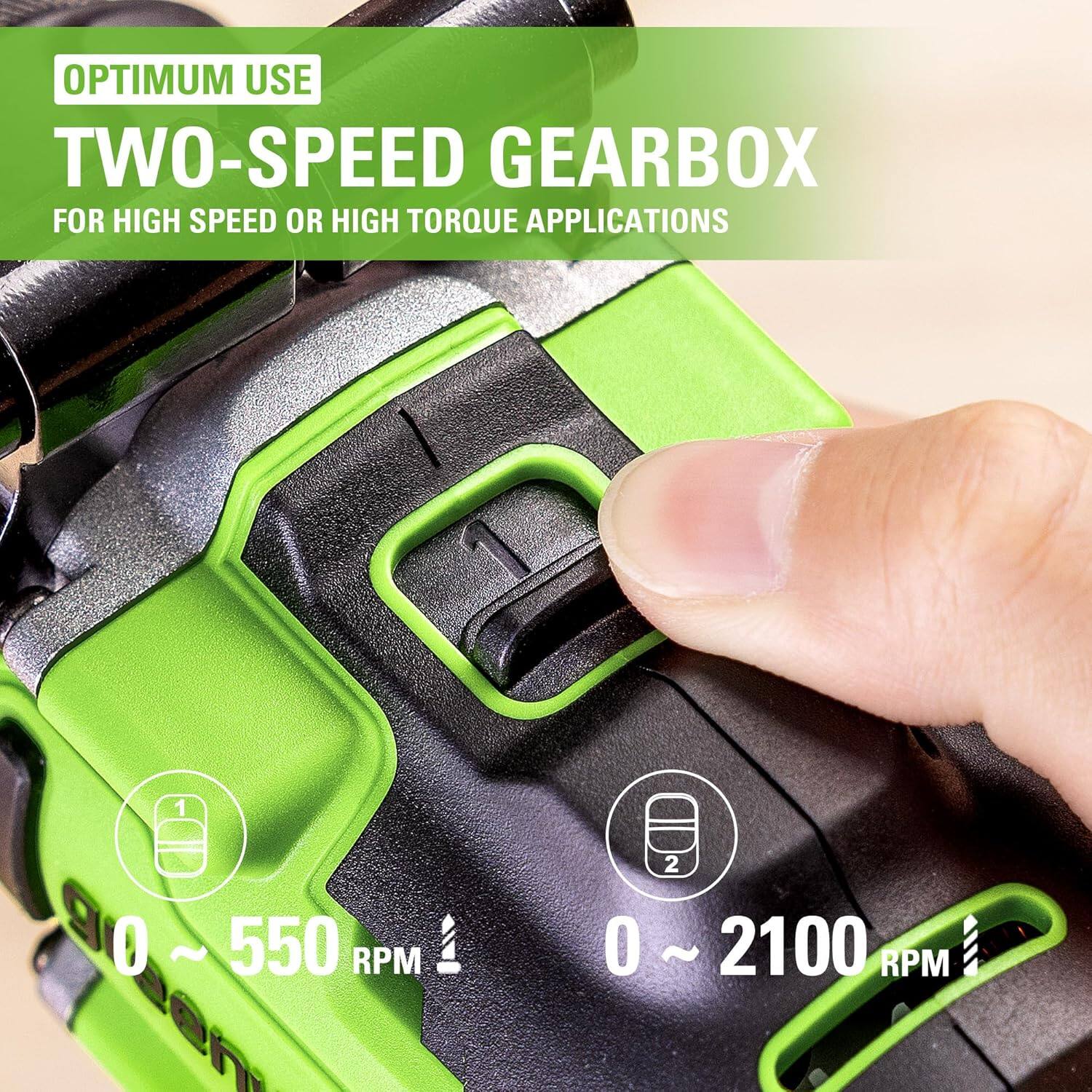 OPTIMUM USE  
TWO-SPEED GEARBOX  
FOR HIGH SPEED OR HIGH TORQUE APPLICATIONS  

1: 0 ~ 550 RPM  
2: 0 ~ 2100 RPM