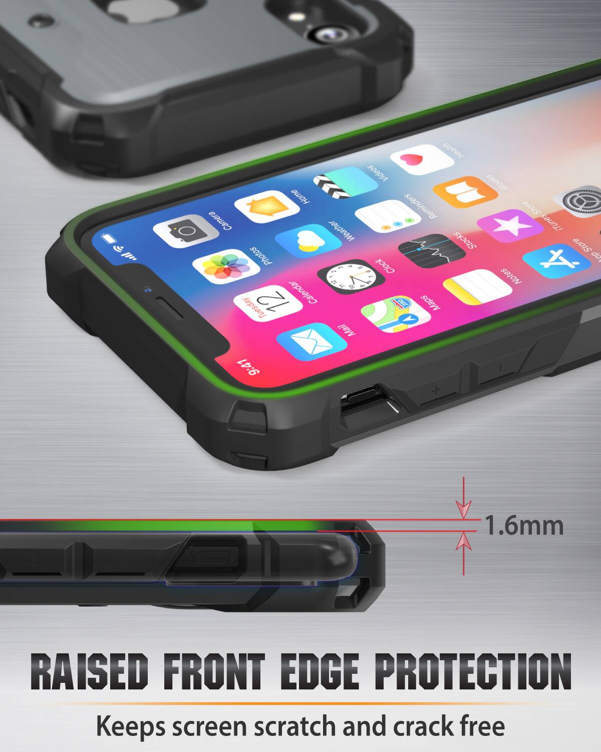 Health soep sy0ogi  Home Reminders Store Camera Weather iTunes | Stocks Store Photos do .. 4 Clock . - a U J o 1 4 Notes 12 Calendar I Maps Tuesday Mail 9:41 1.6mm RAISED FRONT EDGE PROTECTION Keeps screen scratch and crack free