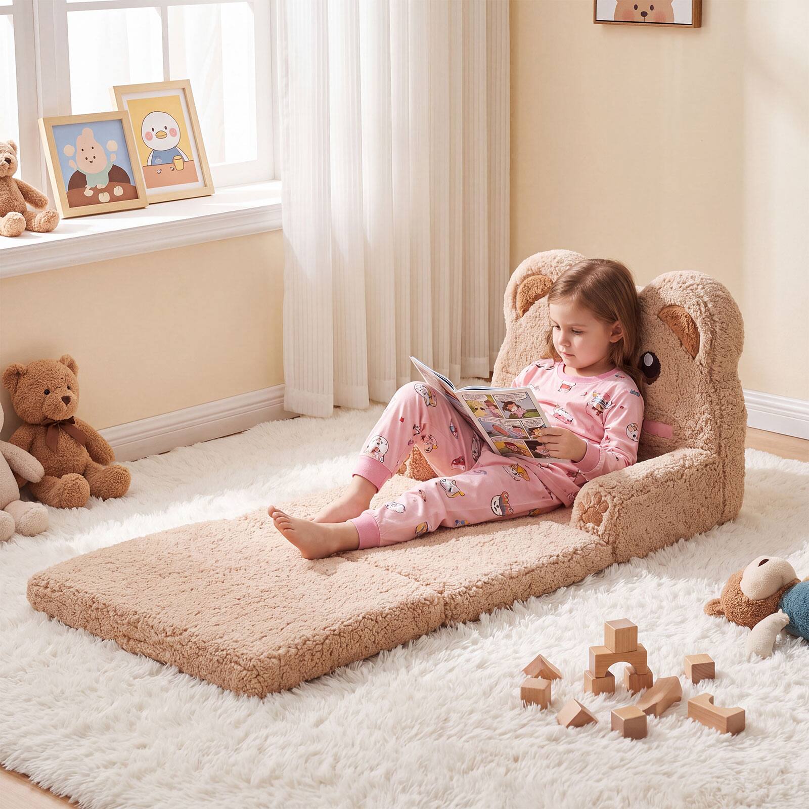 Alt View 4. Costway - Costway 2-in-1 Foldable Kids Sofa Bed Convertible Lounger with Washable Removable Slipcover Brown Bear - Brown Bear.