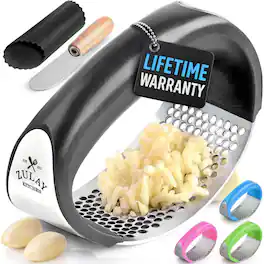 Zulay Kitchen - Stainless Steel Garlic Press Rocker with Peeler and Scraper - Black