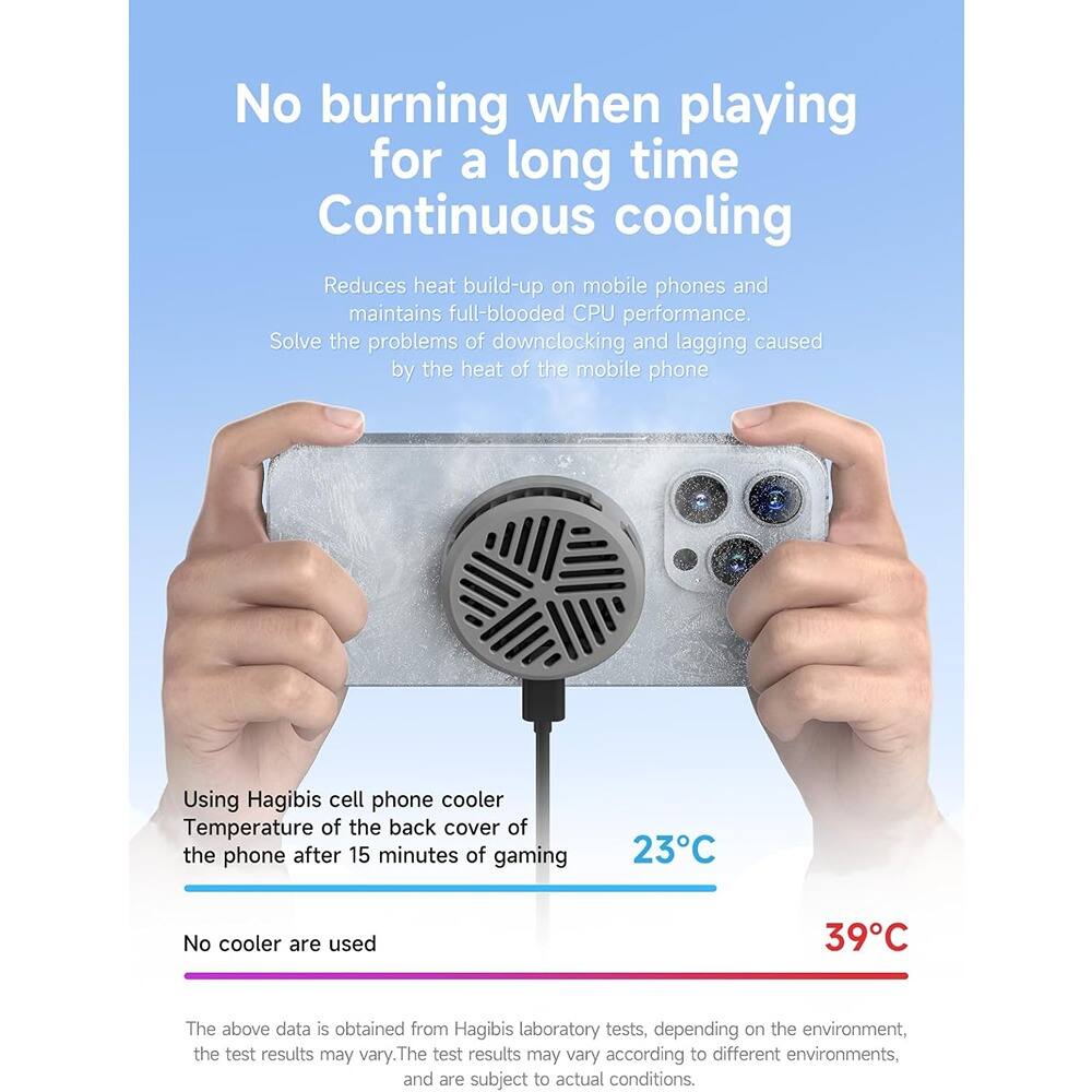 No burning when playing for a long time  
Continuous cooling  

Reduces heat build-up on mobile phones and maintains full-blooded CPU performance.  
Solve the problems of downclocking and lagging caused by the heat of the mobile phone  

Using Hagibis cell phone cooler  
Temperature of the back cover of the phone after 15 minutes of gaming  

23°C  

No cooler are used  

39°C  

The above data is obtained from Hagibis laboratory tests, depending on the environment, the test results may vary. The test results may vary according to different environments, and are subject to actual conditions.