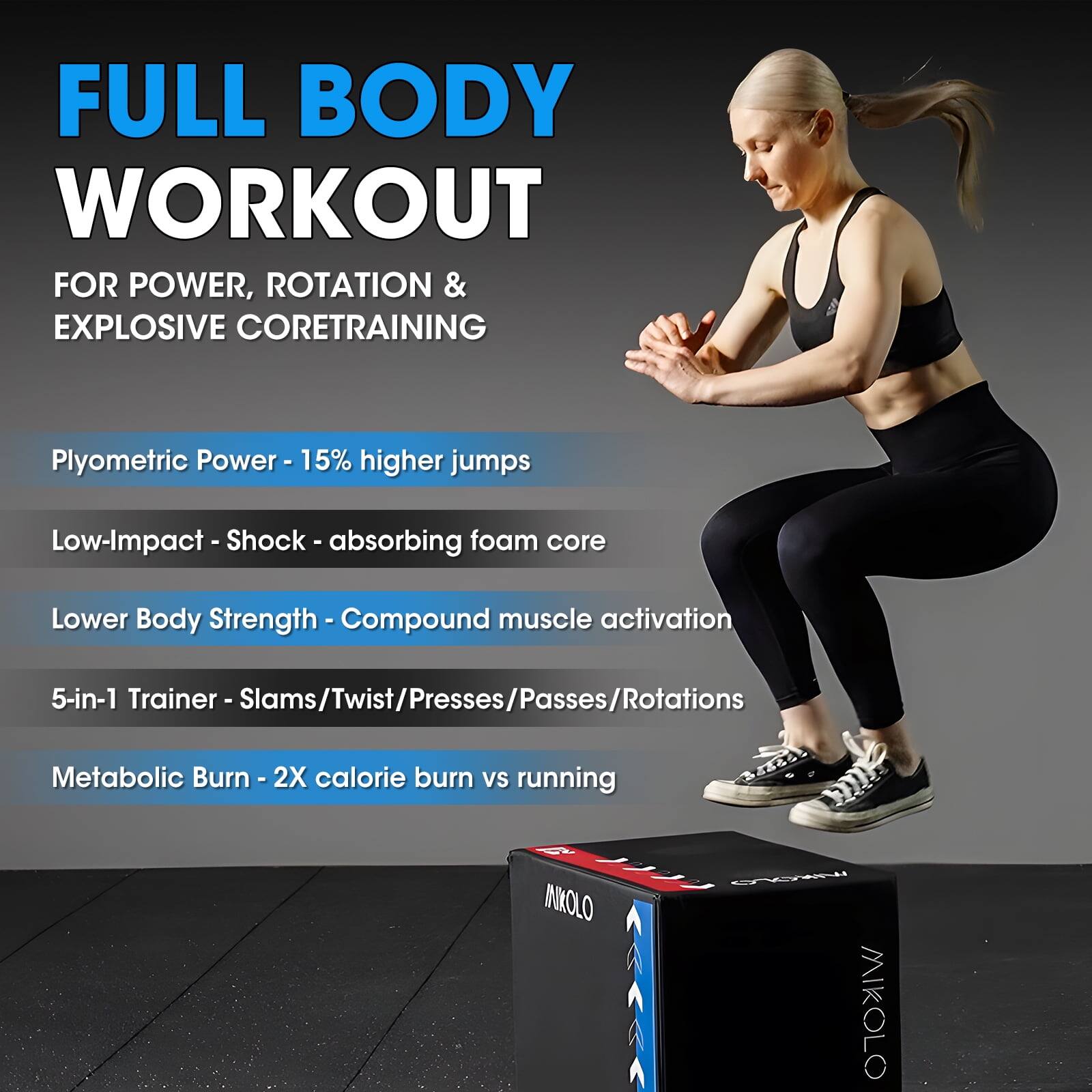 FULL BODY WORKOUT  
FOR POWER, ROTATION & EXPLOSIVE CORE TRAINING  

Plyometric Power - 15% higher jumps  
Low-Impact - Shock - absorbing foam core  
Lower Body Strength - Compound muscle activation  
5-in-1 Trainer - Slams/Twist/Presses/Passes/Rotations  
Metabolic Burn - 2X calorie burn vs running  

M44 INKOLO  
MIKOLO