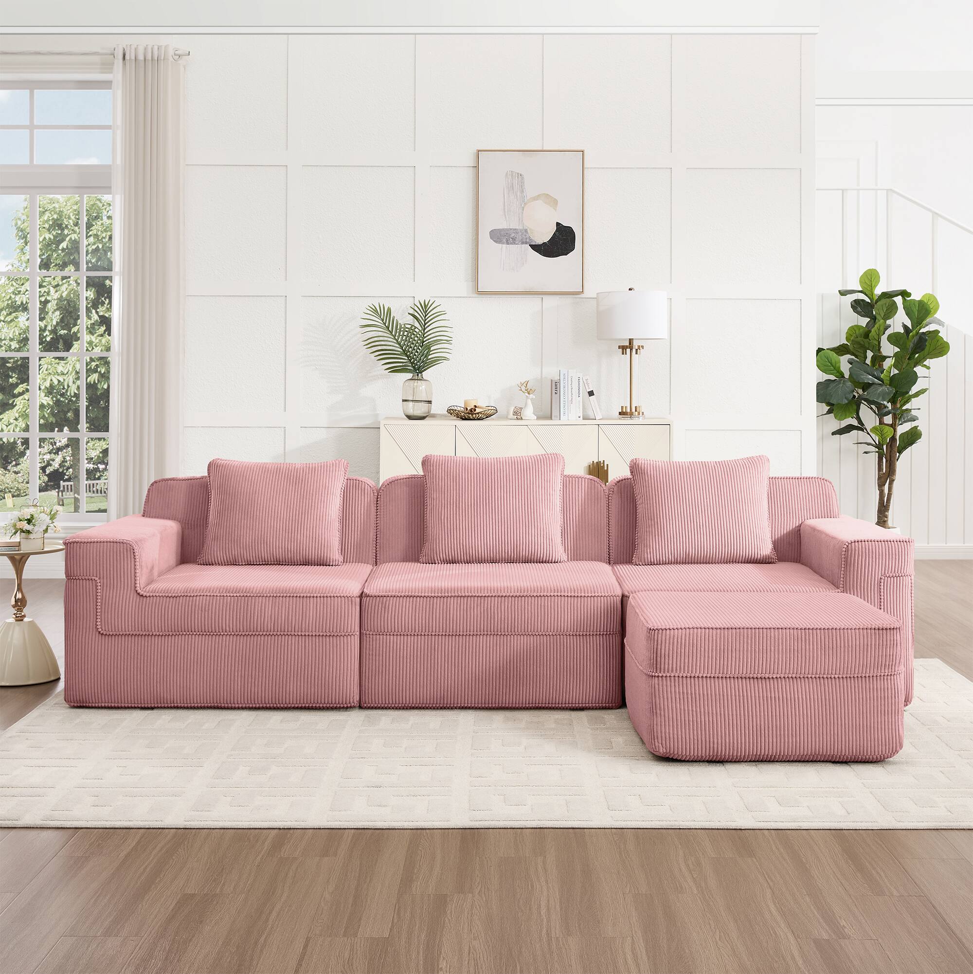 Front. Aukfa - Modular 3-Seat L-Shape Sectional Boneless Sofa - Cloud Couch with Deep Seat, Throw Pillows & Ottoman, Corduroy - Pink.