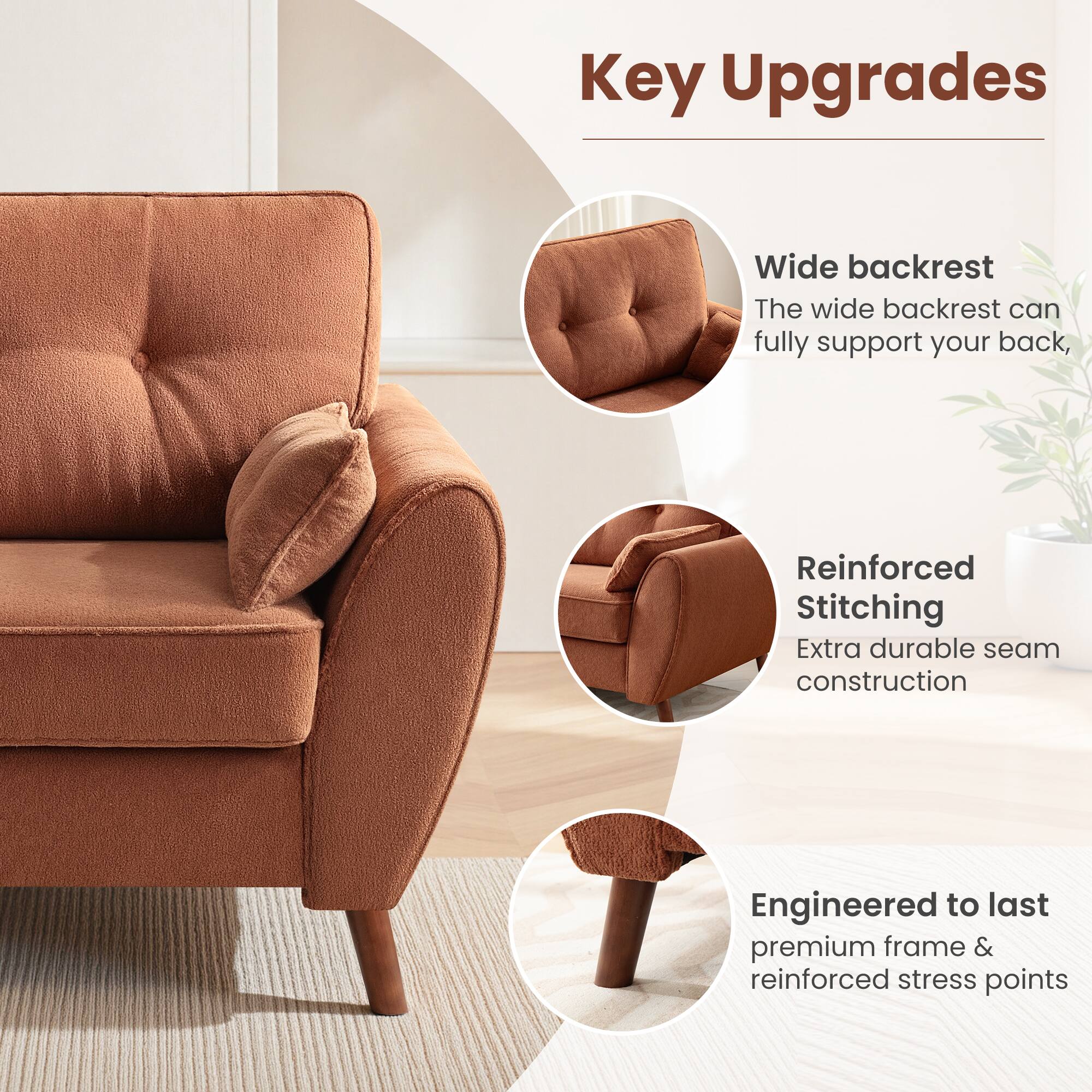 Key Upgrades

- Wide backrest
  - The wide backrest can fully support your back.

- Reinforced Stitching
  - Extra durable seam construction.

- Engineered to last
  - Premium frame & reinforced stress points.